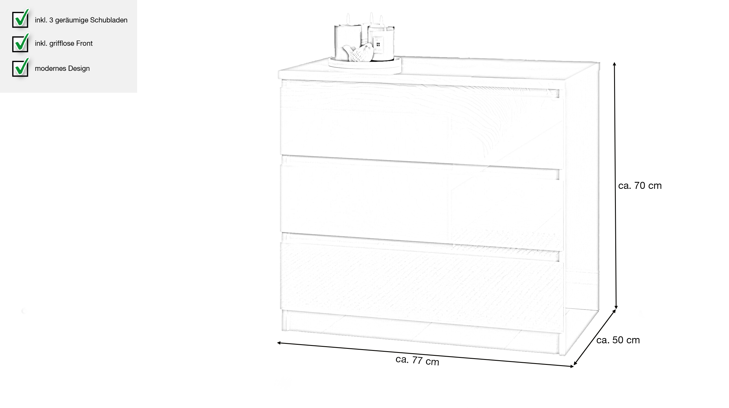 Kommode mit 3 Schubladen weiß hochglanz 77 cm - NAIA