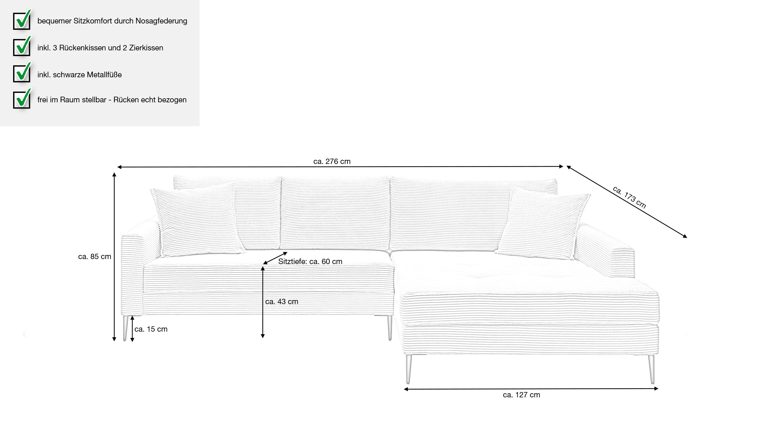 Ecksofa Cord beige 276 x 173 cm - OT rechts - SUMMER