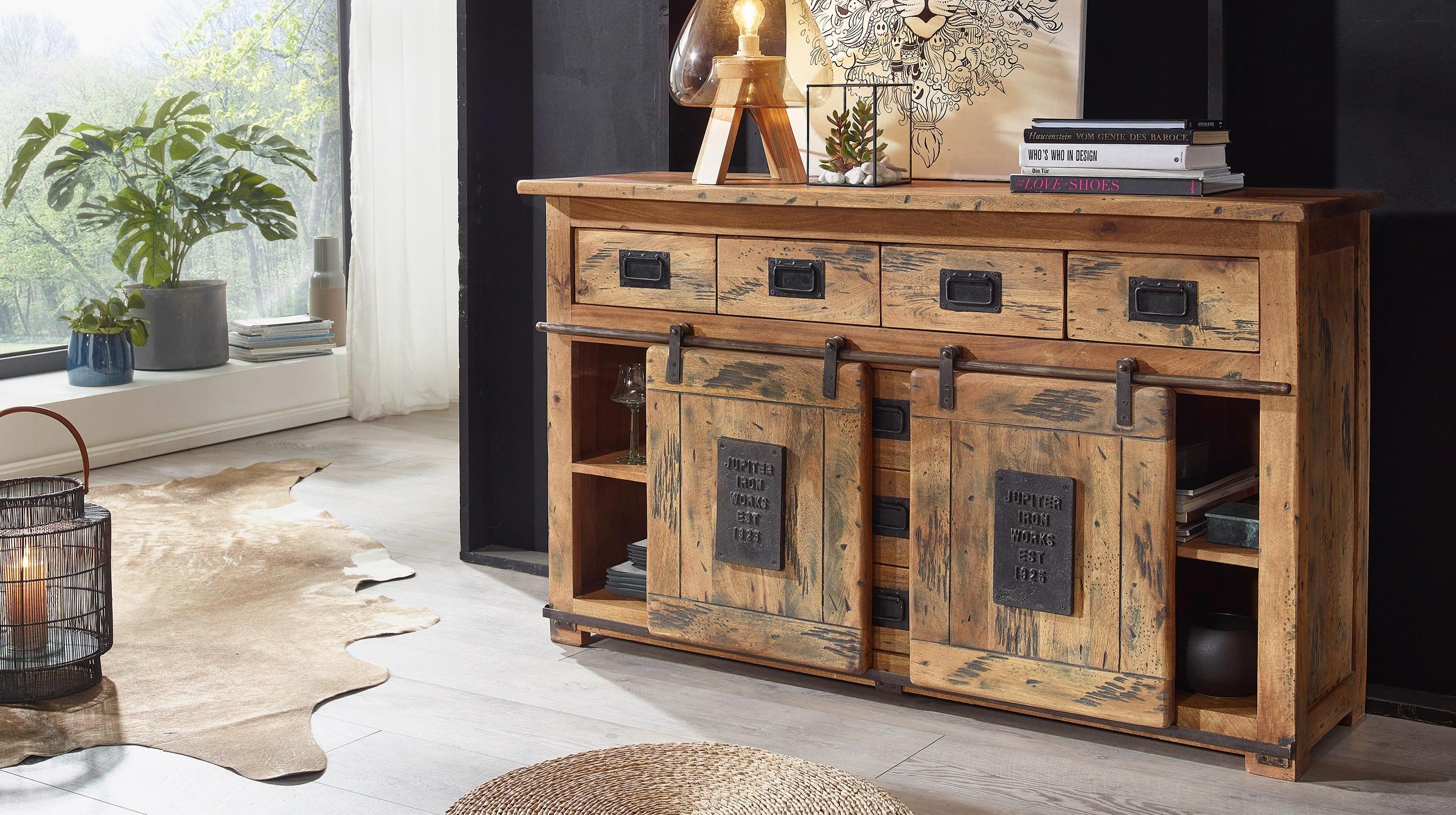 Sideboard mit 2 Rolltüren Mango massiv 150 cm - EMANUEL