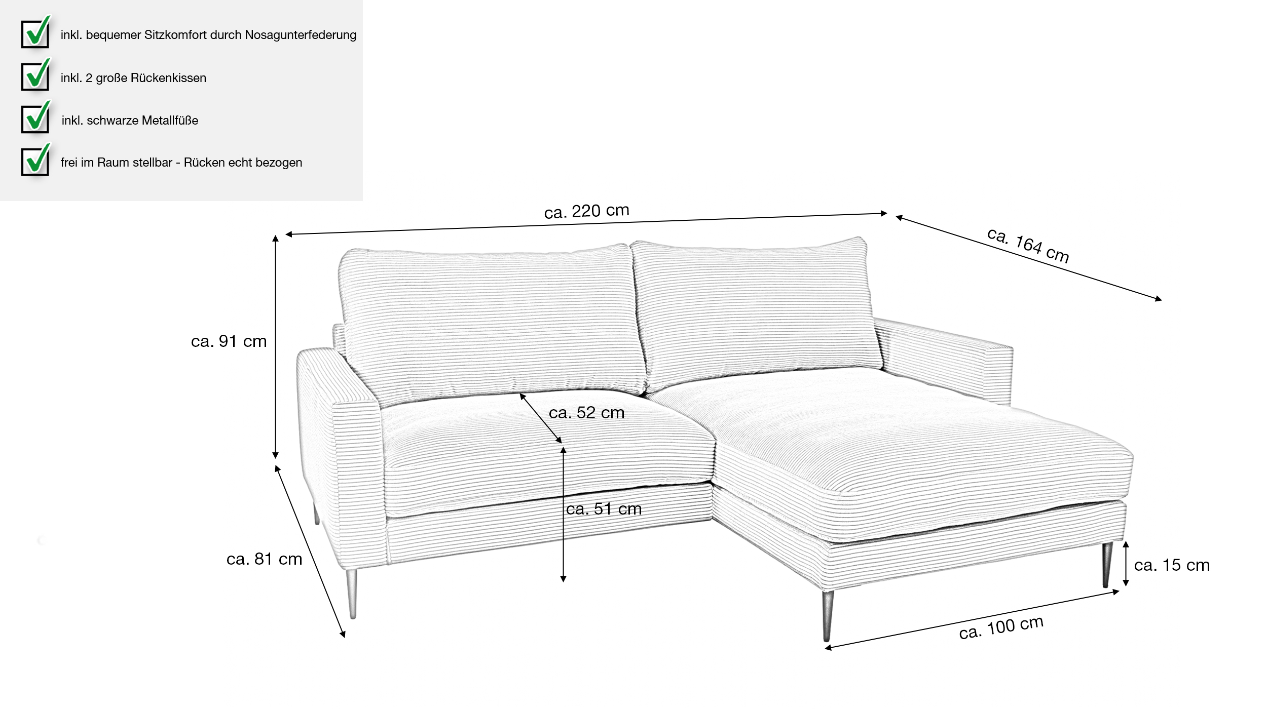 Ecksofa Cord creme 220 x 164 cm - OT rechts - NORDVIK