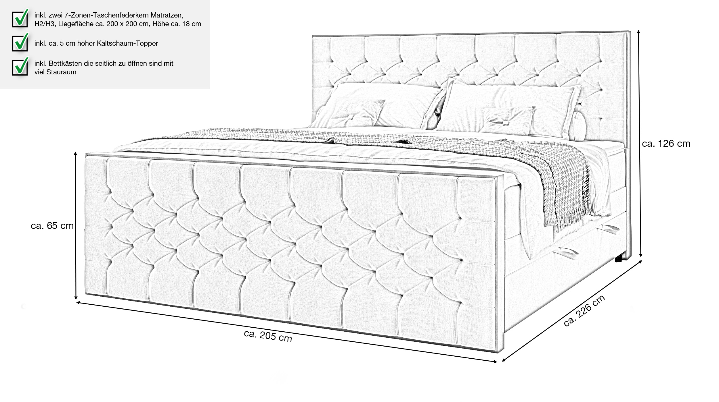 Boxspringbett 200 x 200 cm mit Bettkasten grau - LANCIANO