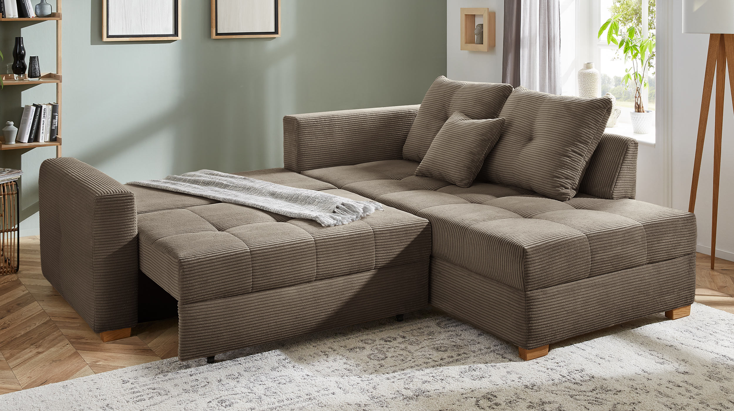 Ecksofa Cord taupe 228 cm - Schlaffunktion Bettkasten - HEIDELBERG