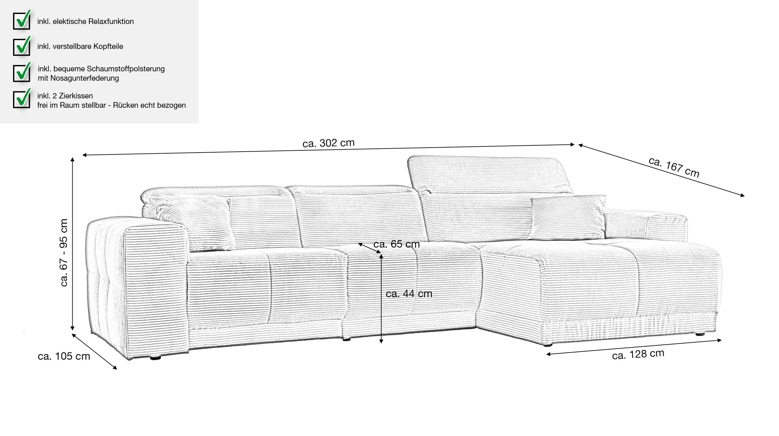Ecksofa Cord grau 302 x 167 cm mit Relaxfunktion - OT rechts - TONI