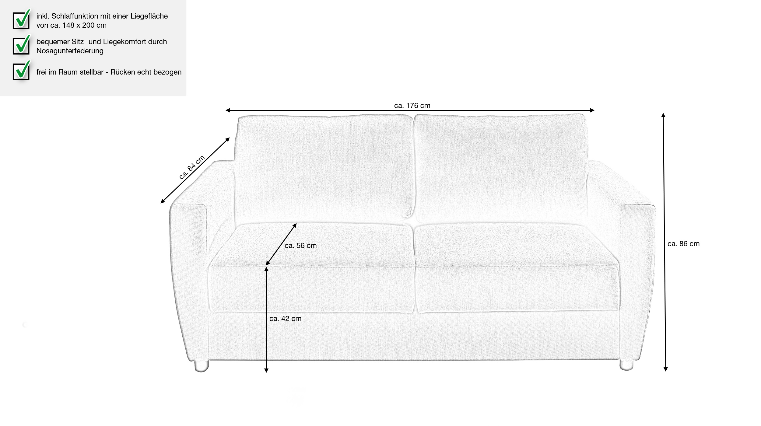 Schlafsofa grau ausziehbar Federkern 176 x 74 cm - MÜRITZ