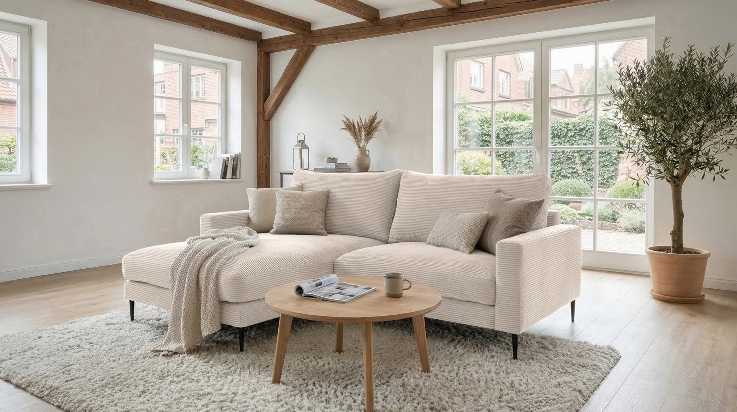 Ecksofa Cord creme 220 x 164 cm - OT links - NORDVIK
