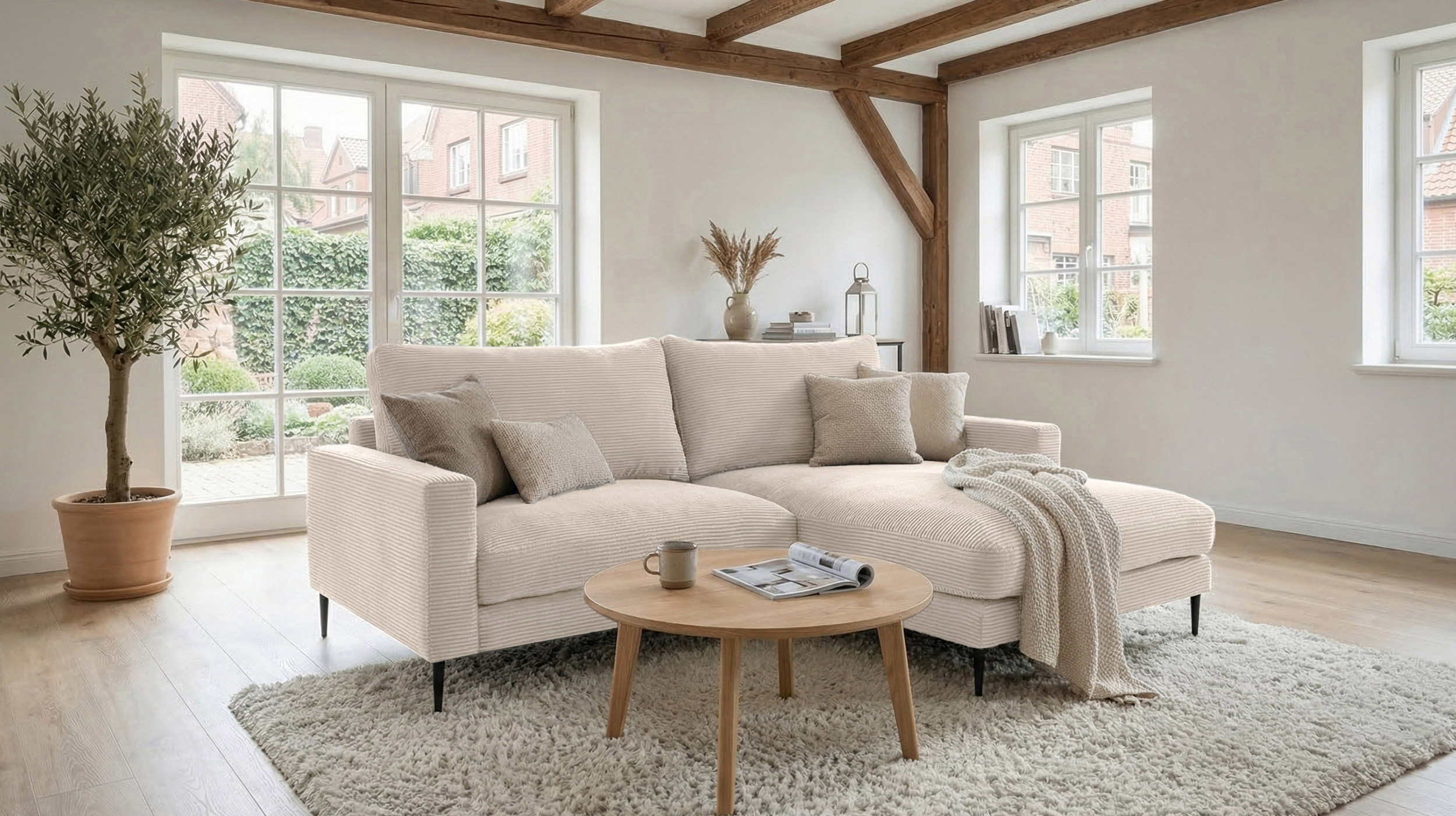 Ecksofa Cord creme 220 x 164 cm - OT rechts - NORDVIK