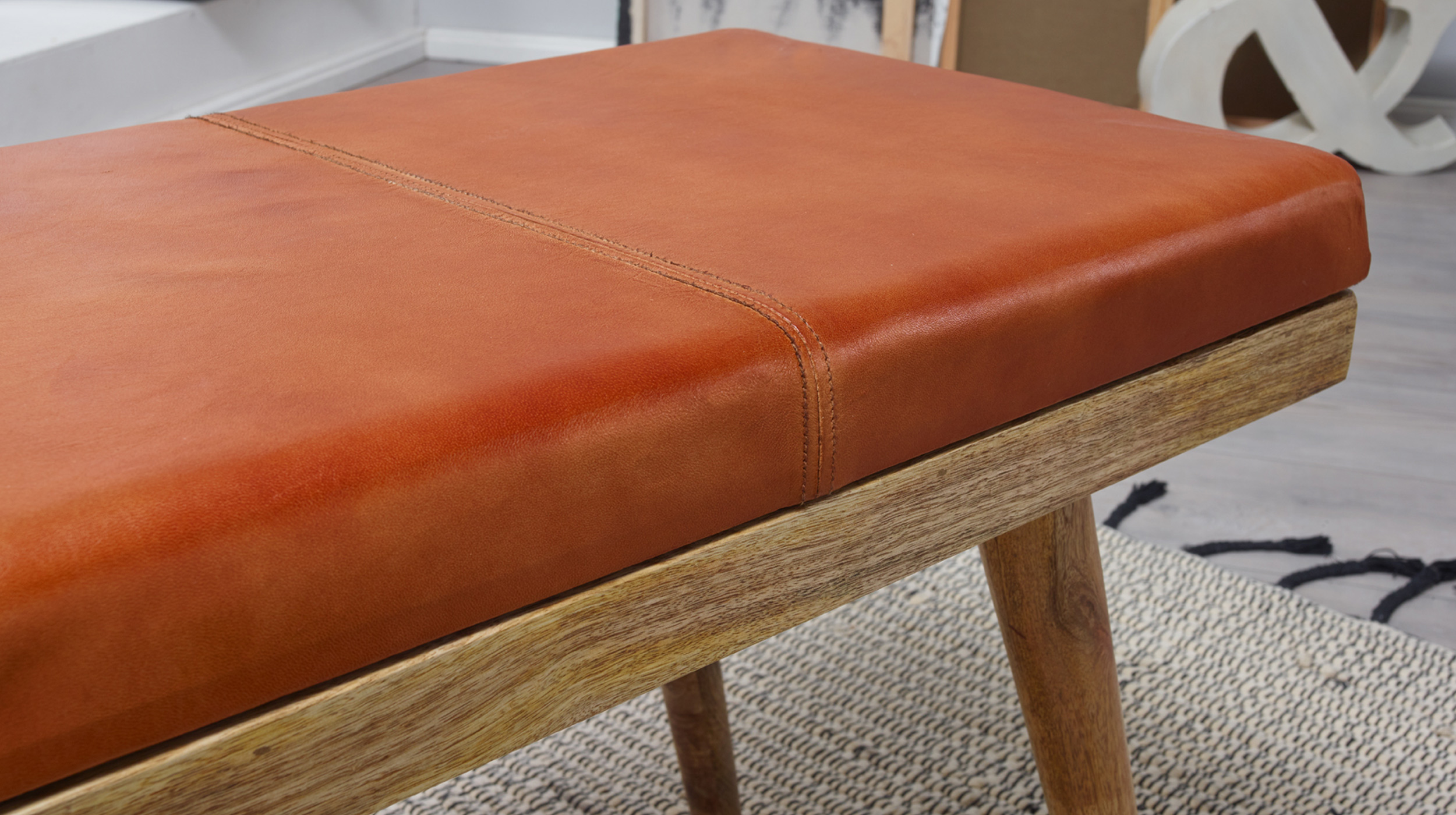 Sitzbank mit Schublade 100 cm Mangoholz massiv - Leder - ELKA