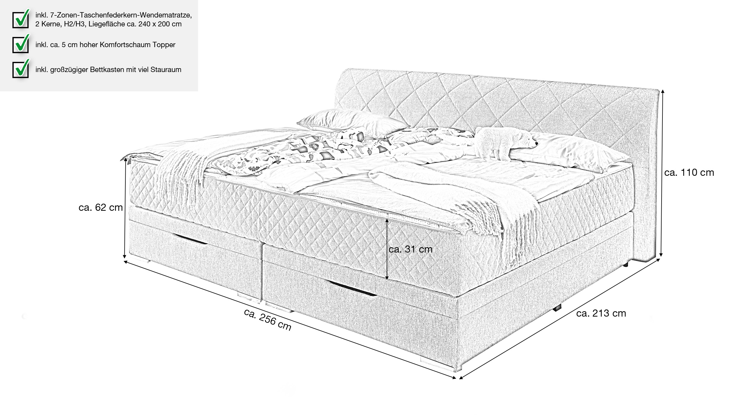 Boxbett 240 x 200 cm grau mit Bettkasten - KUFSTEIN