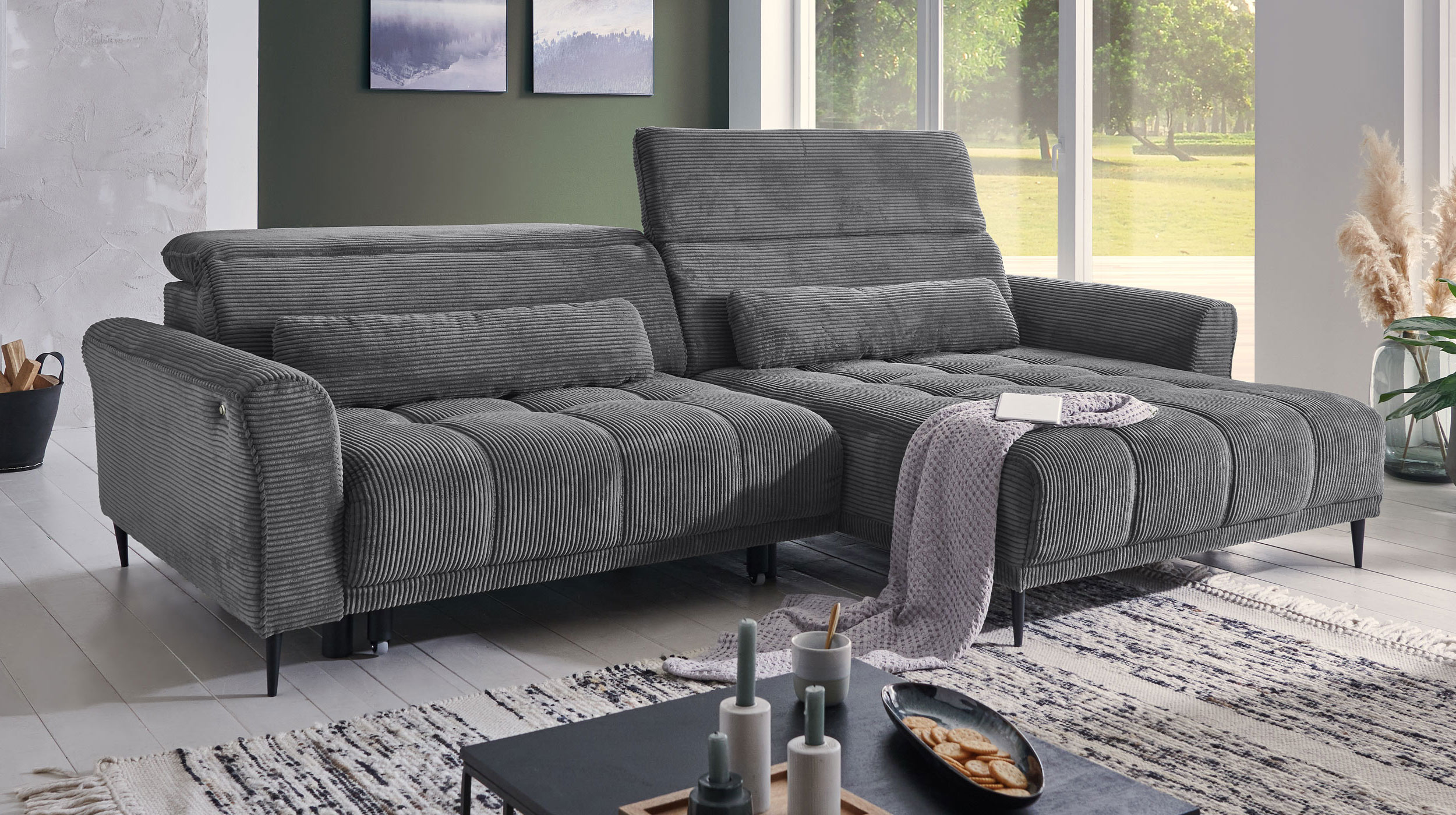 Ecksofa Cord grau ausziehbar - Sitztiefenverstellung - 277 cm - OT rechts - LOGAN