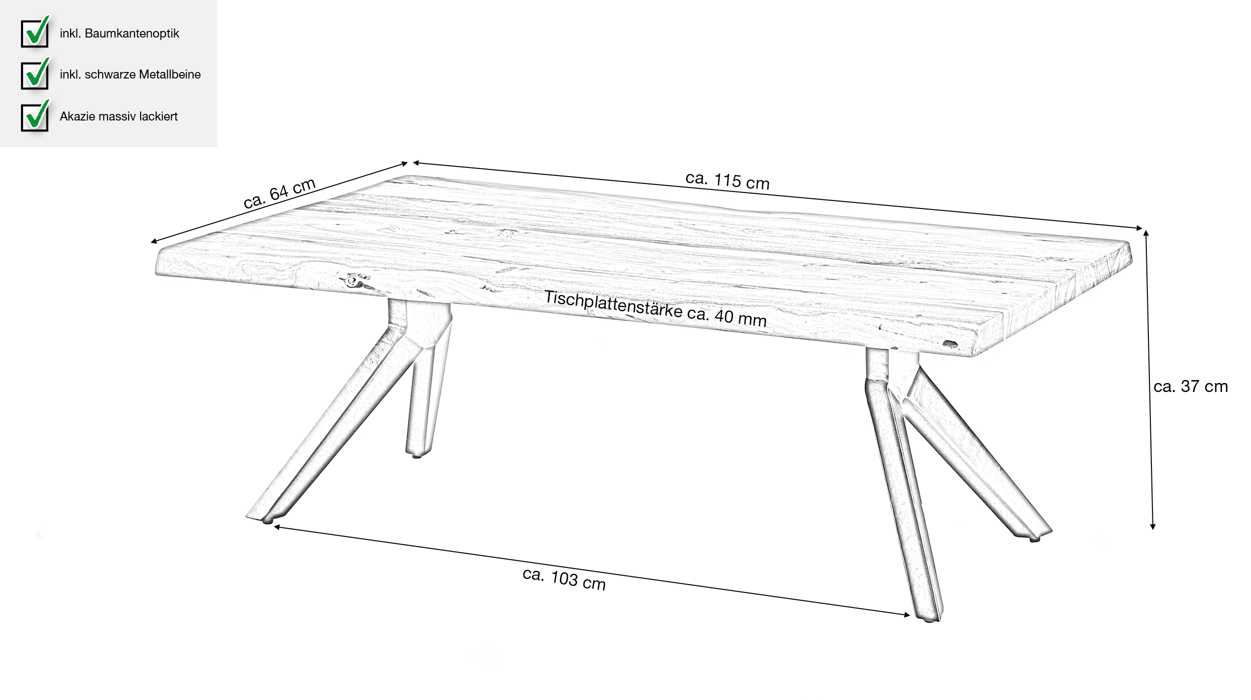 Couchtisch Baumkantentisch Optik 115 cm Akazie massiv - BRAGI