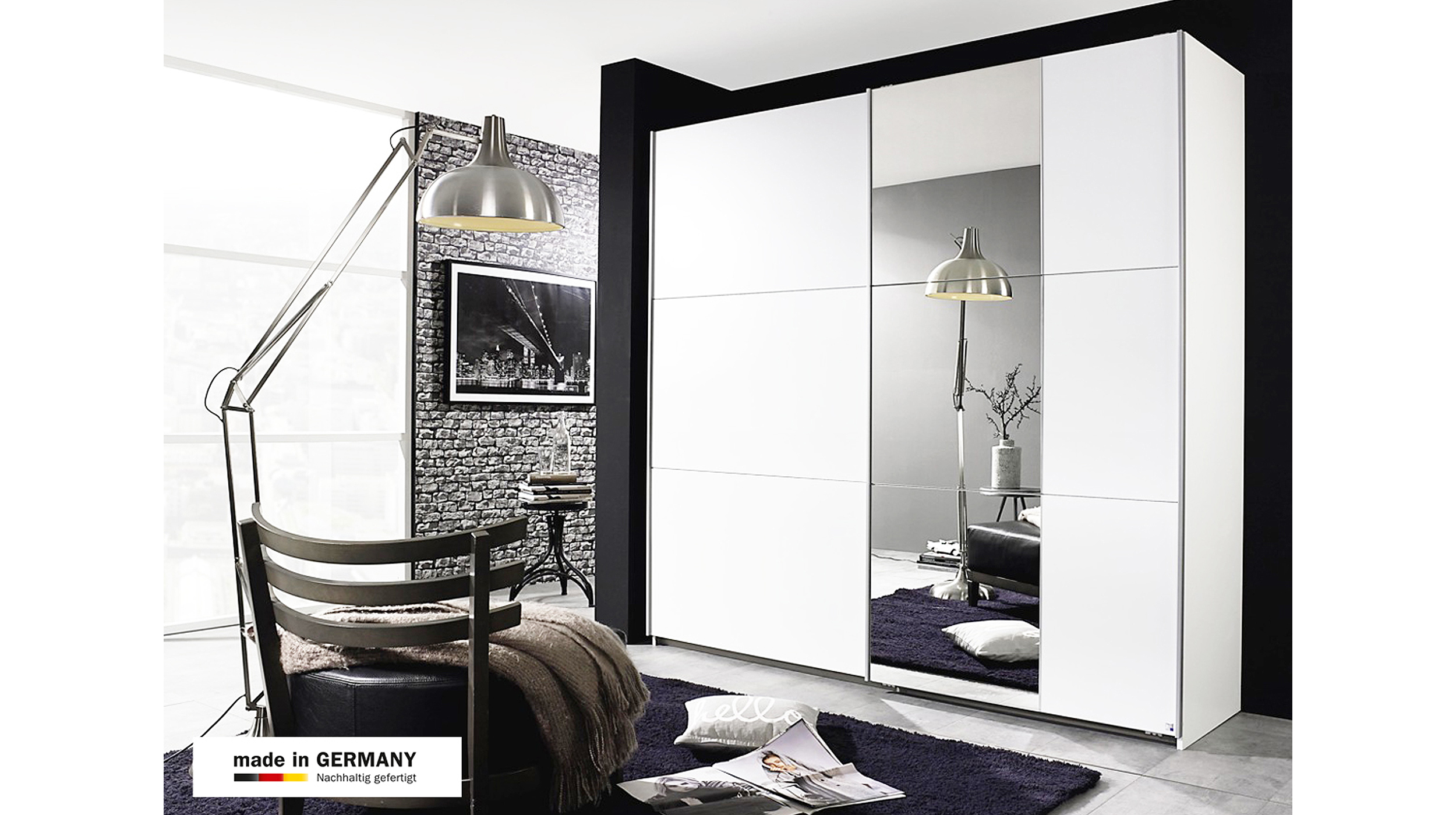 Schwebetürenschrank weiß Spiegel 261 cm - rauch - KRONACH
