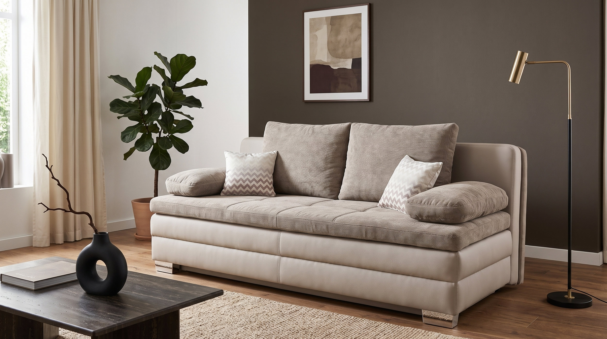 Schlafsofa Bettkasten Dauerschläfer beige 203 cm - LESLO