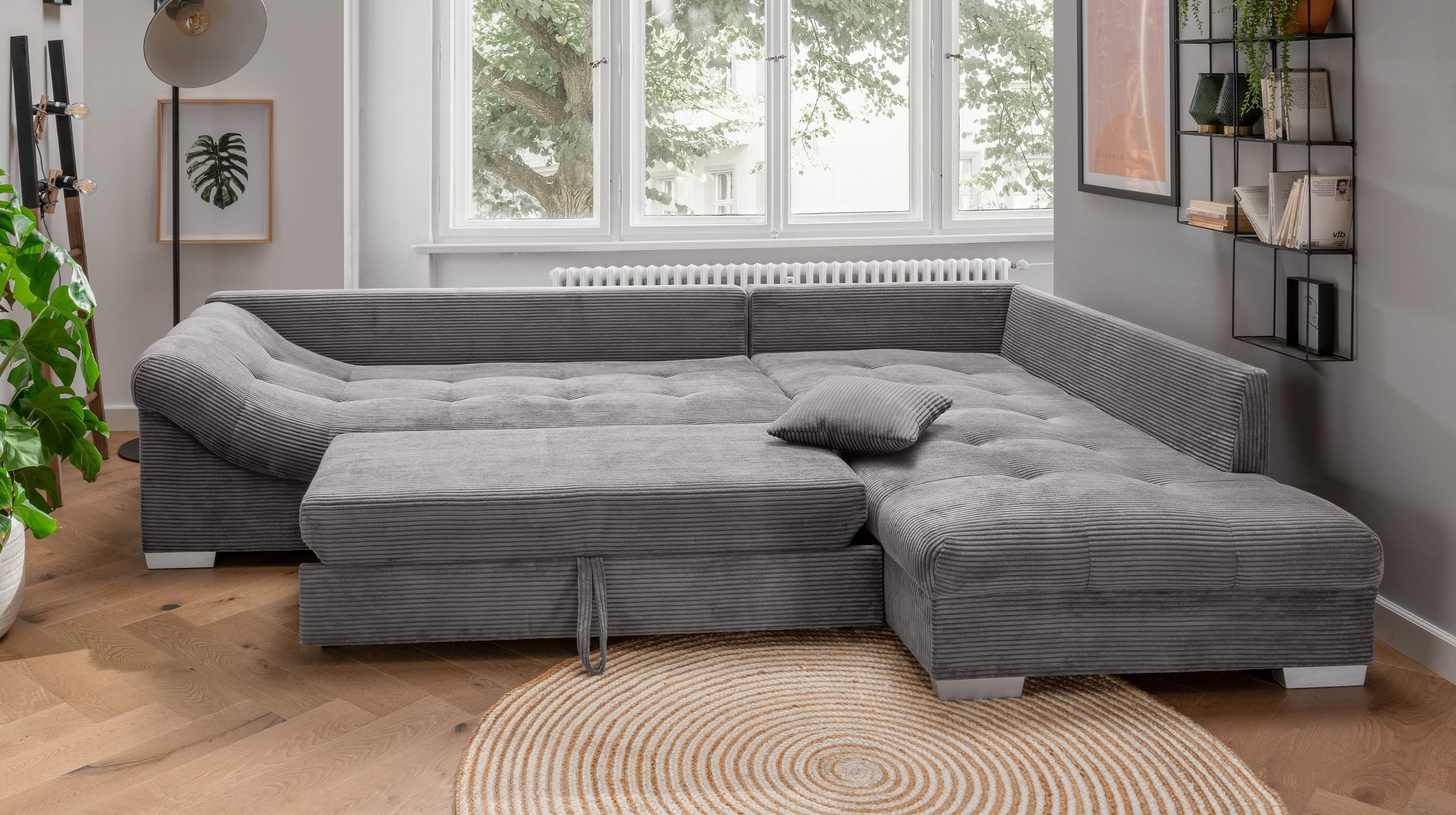 Ecksofa Wohnlandschaft Cordbezug grau 298 x 202 cm - ALVITO