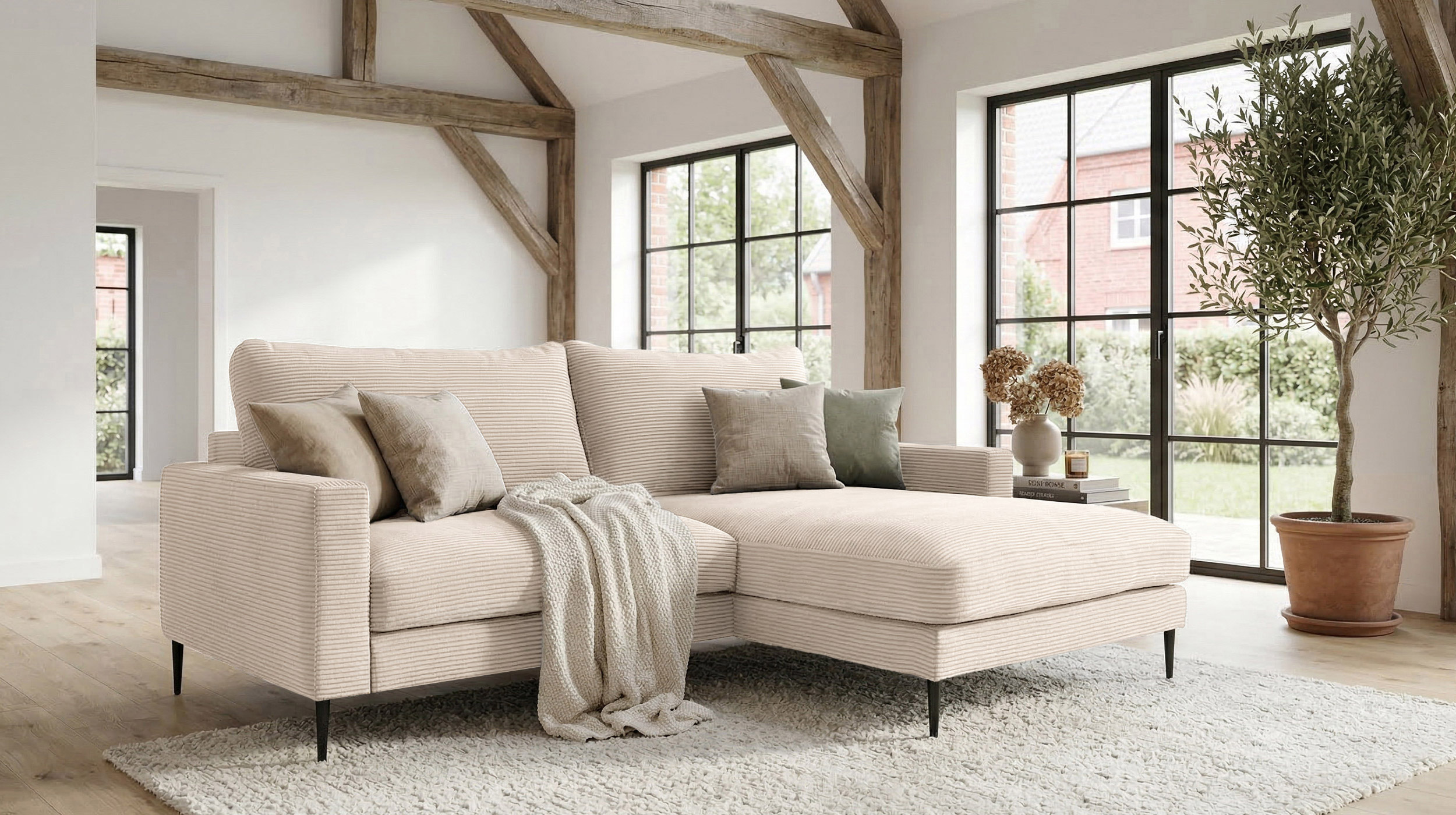 Ecksofa Cord creme 220 x 164 cm - OT rechts - NORDVIK