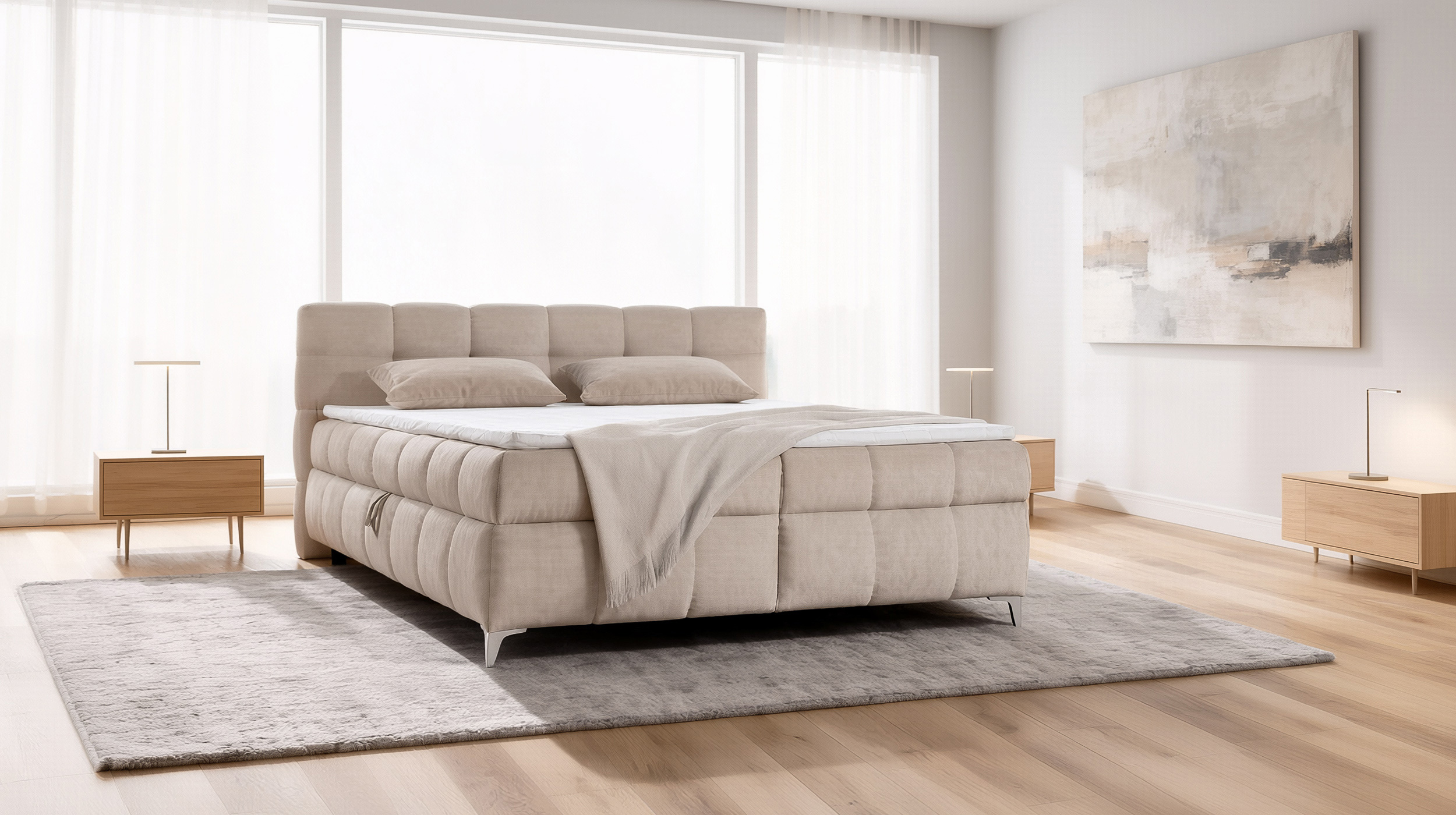 Boxbett 180 x 200 cm beige Stoffbezug mit Bettkasten - VELARIO