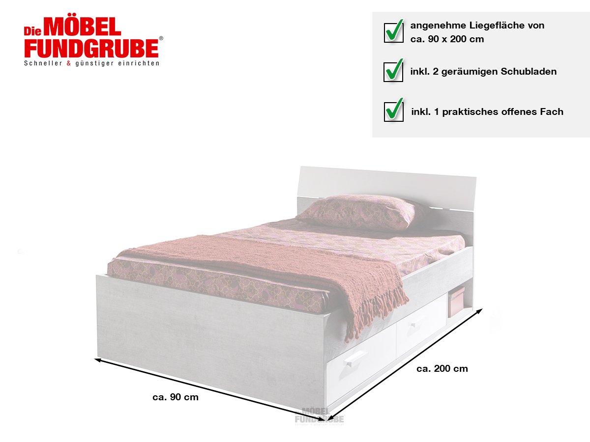 Jugendbett 90 x 200 cm Betonoptik - weiß - MIPIACE