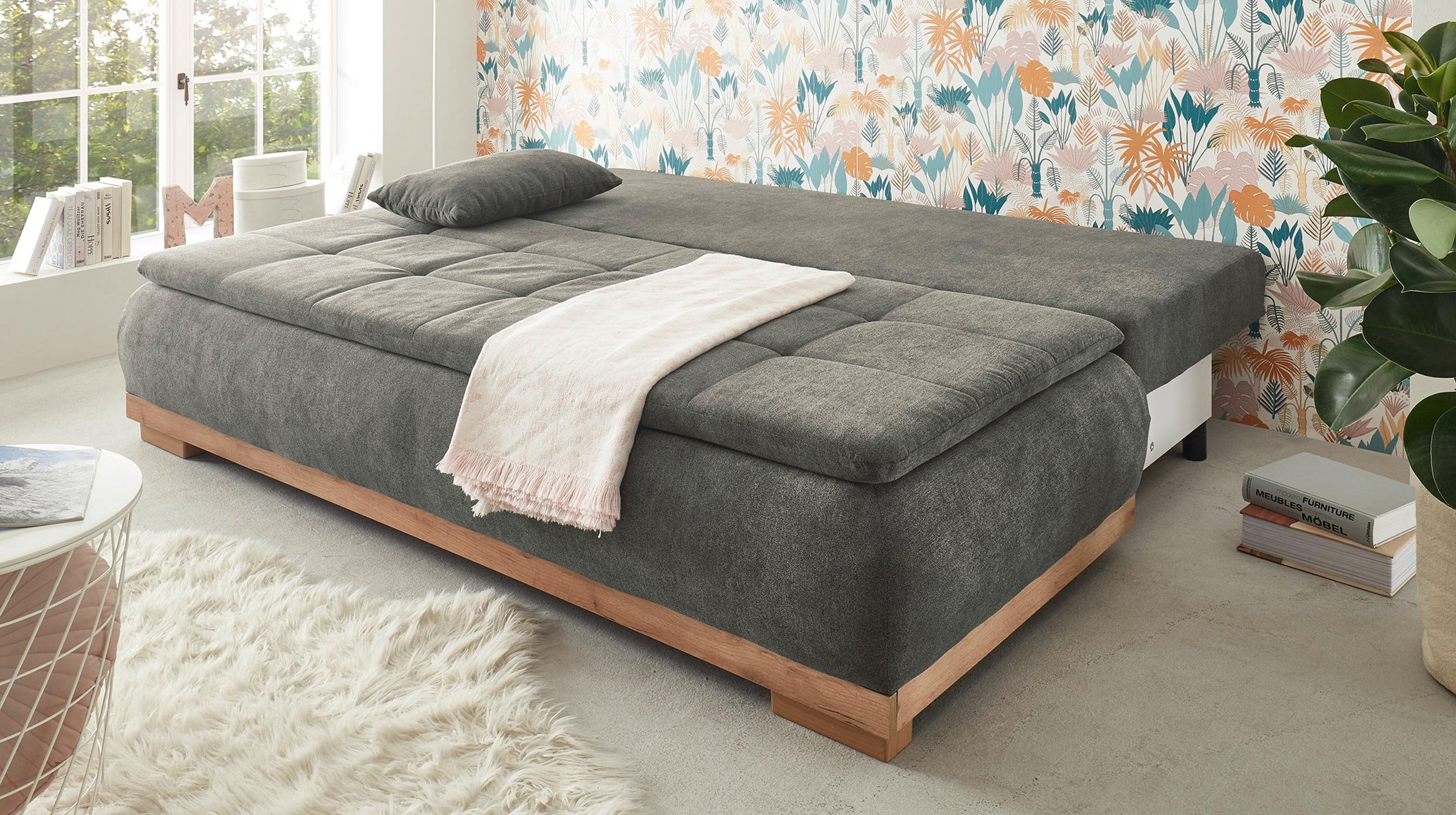 Schlafsofa grau Bettkasten ausziehbar Federkern 208 cm - AMBRA