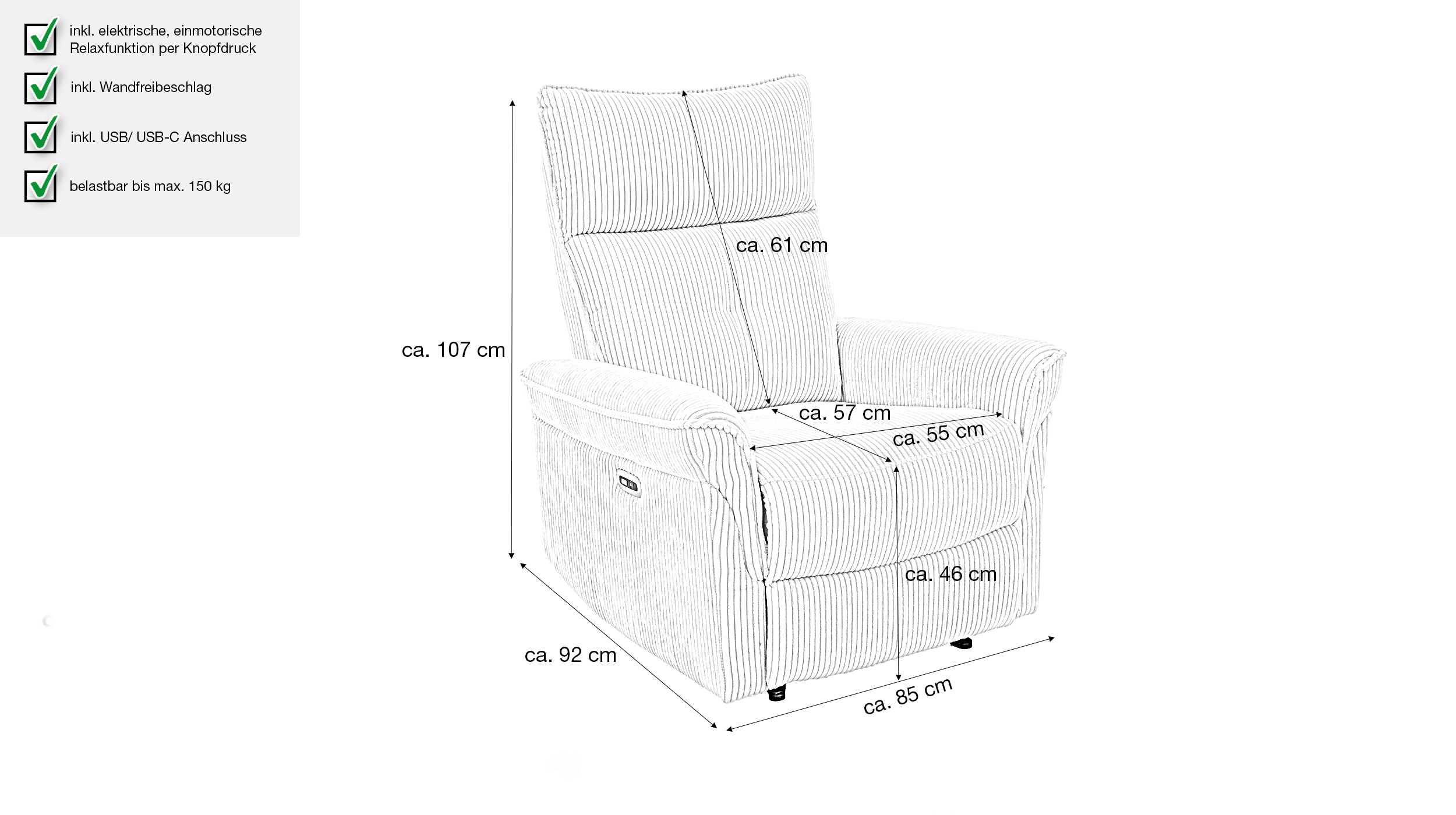 Fernsehsessel Cord beige mit Motor - BELVANO