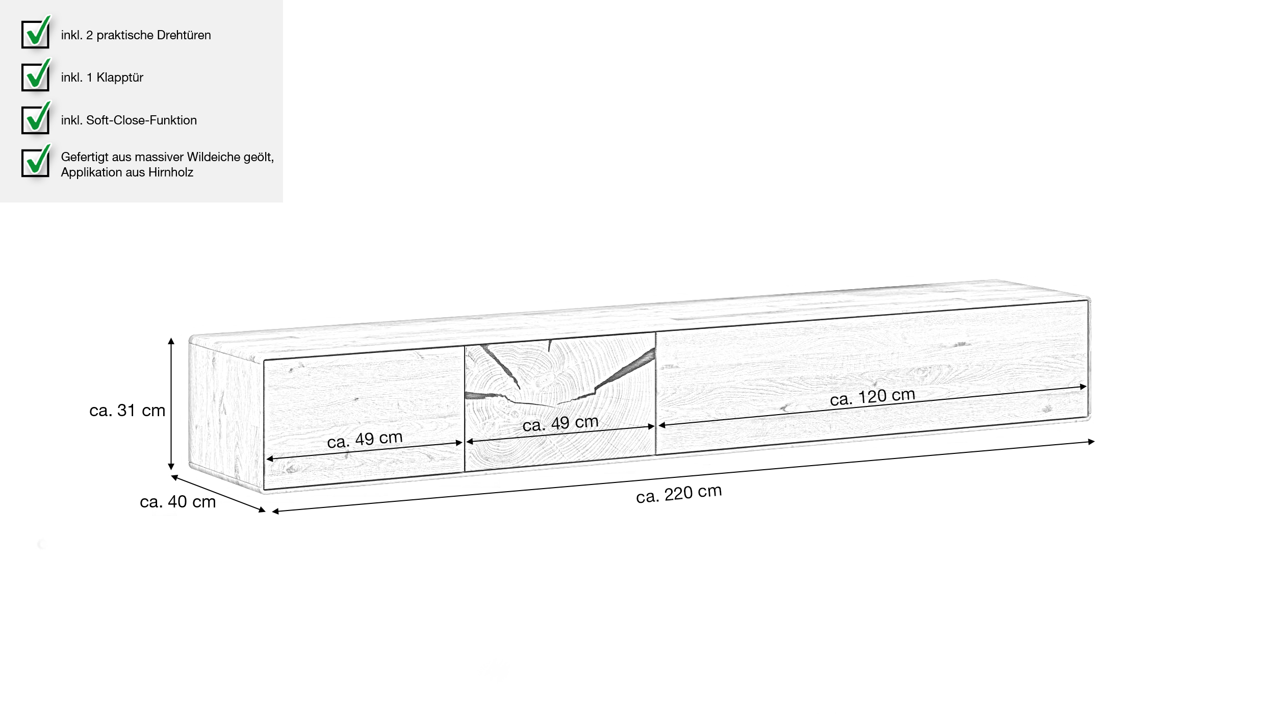 TV - Lowboard Wildeiche massiv geölt - montiert - 220 cm - TORVEN