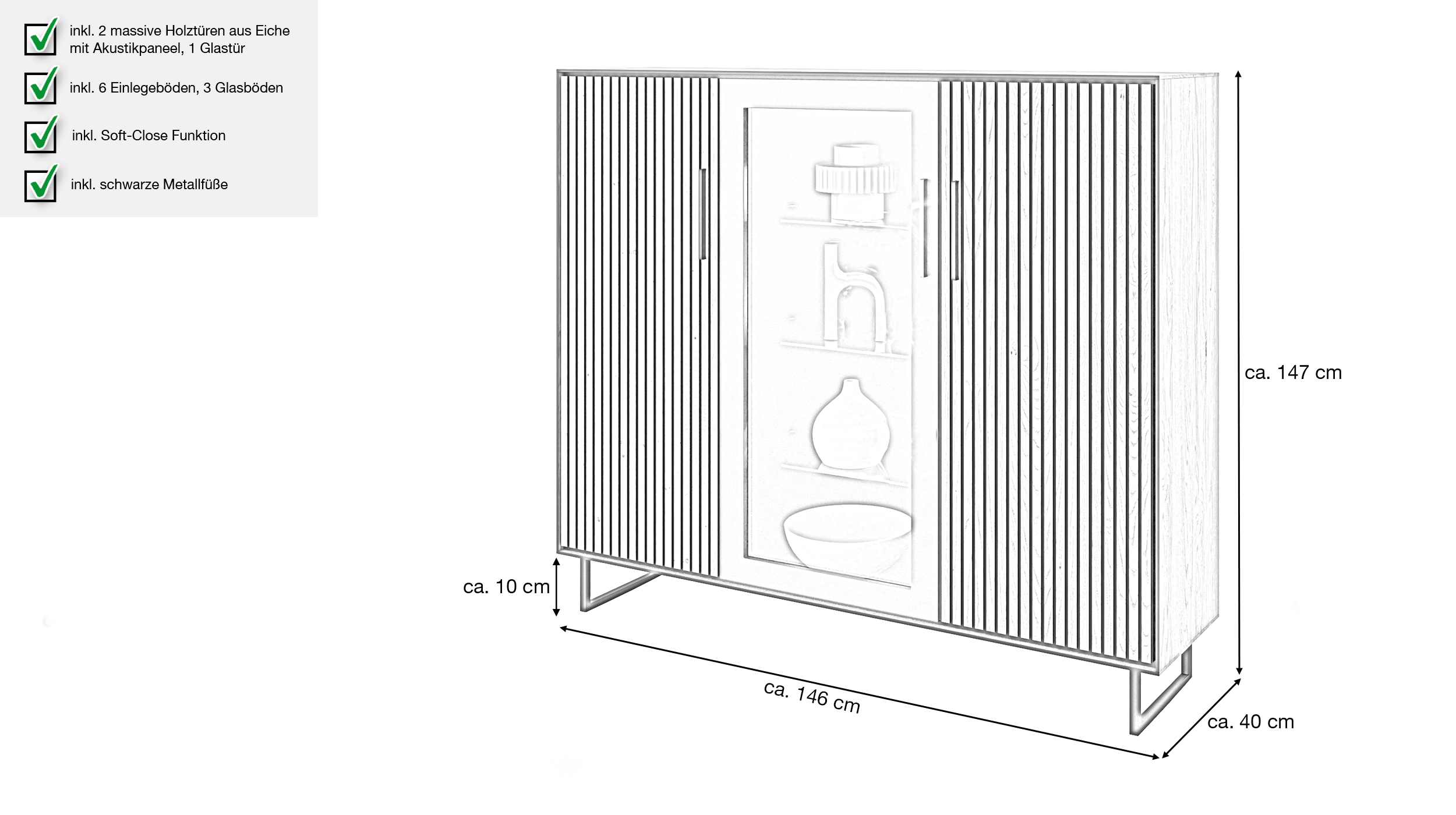 Highboard mit Glastür Eiche geölt 146 cm - BELLA