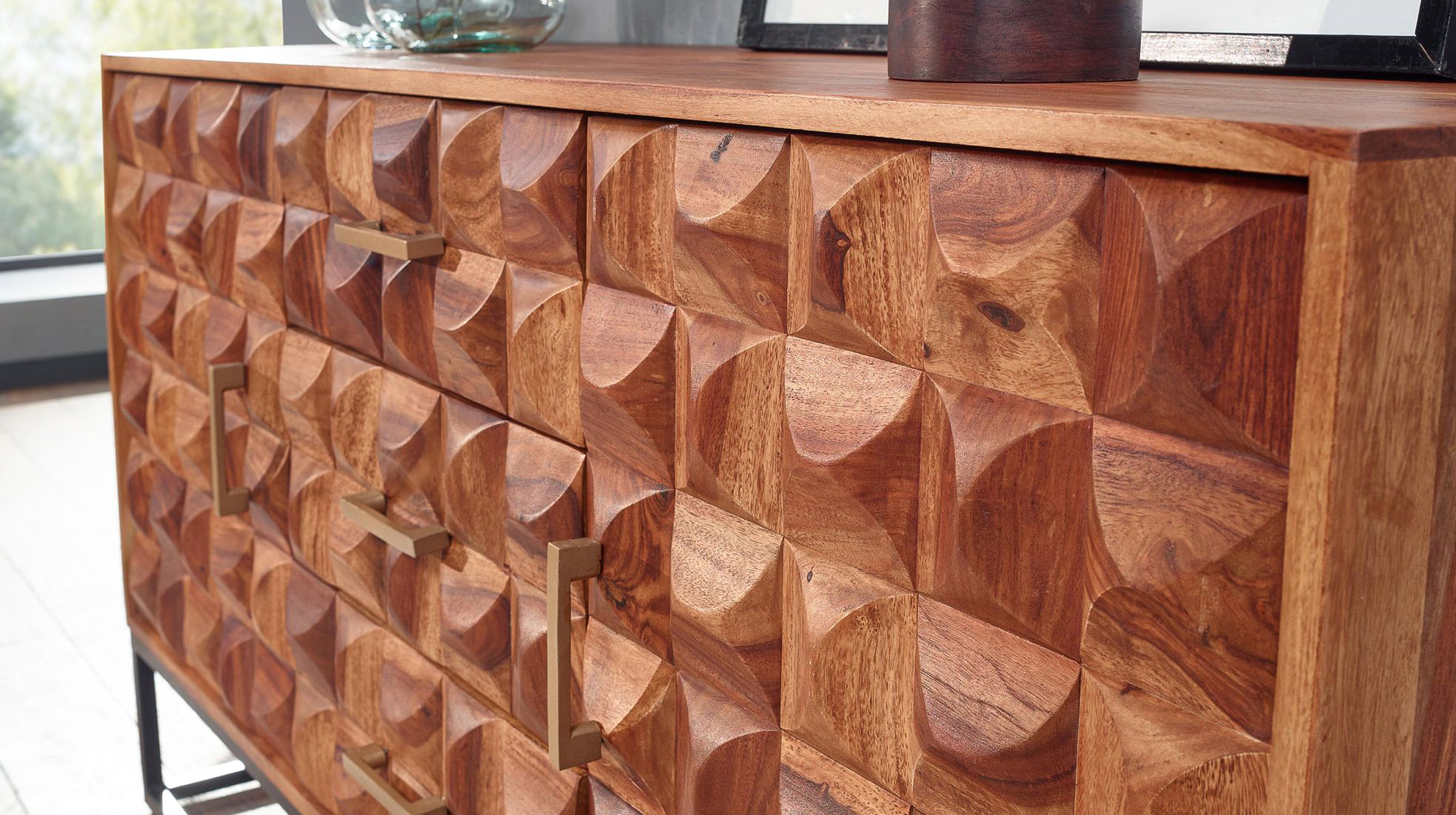 Sideboard mit 3 Schubladen Sheesham massiv gebeizt 145 cm - LENE