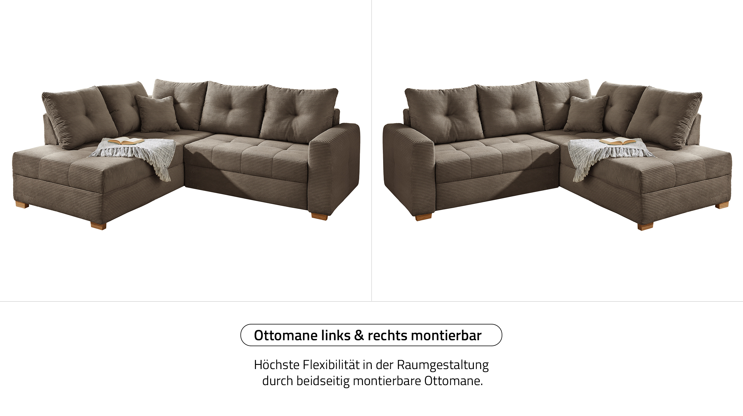 Ecksofa Cord taupe 228 cm - Schlaffunktion Bettkasten - HEIDELBERG