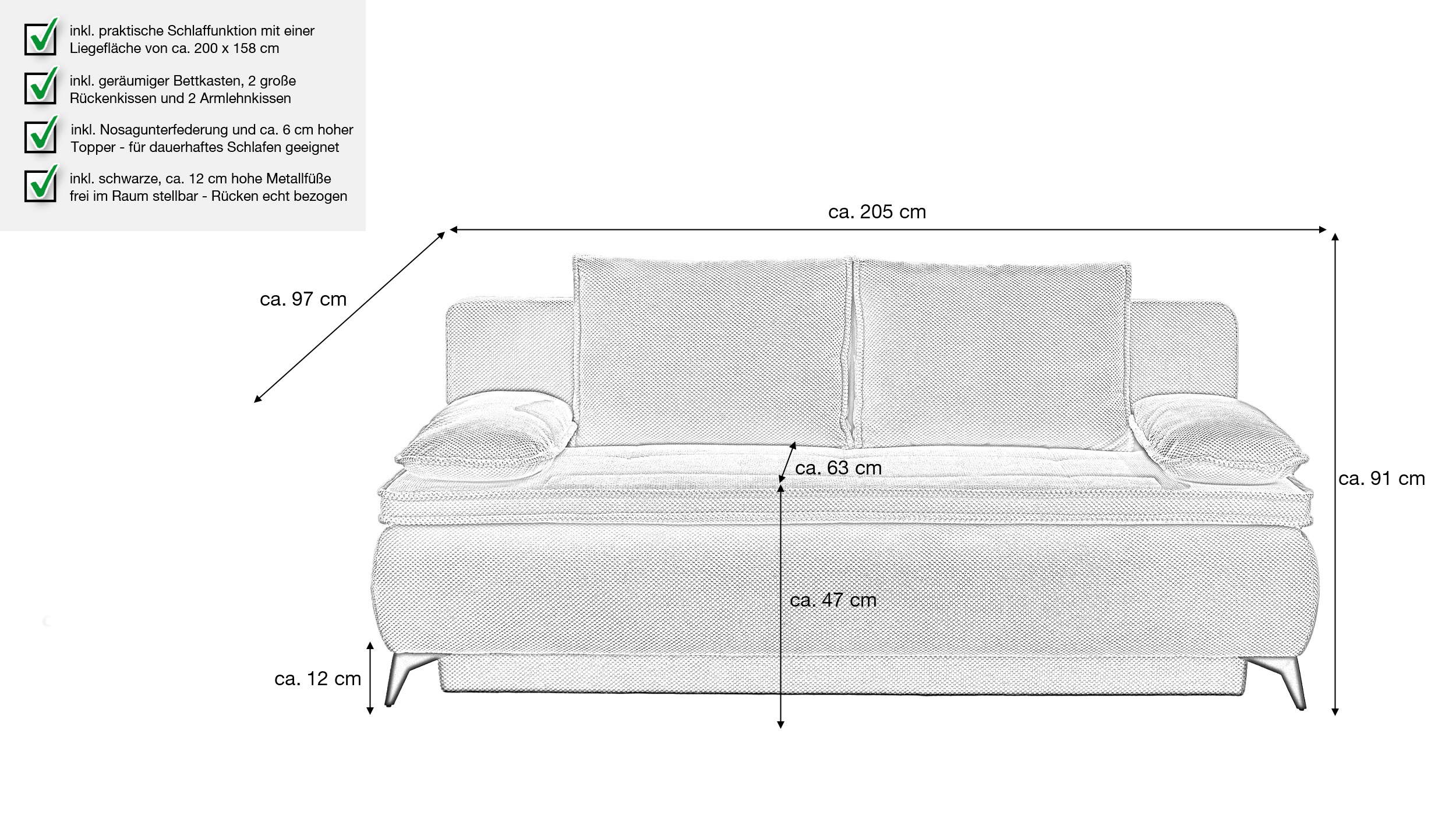 Schlafsofa Cord Bettkasten grau Dauerschläfer 205 cm - DREAMER