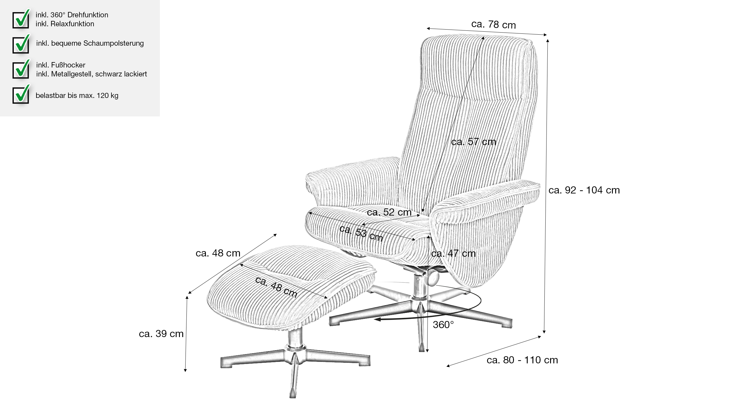 Relaxsessel Cord mit Hocker grau - drehbar - CALMO
