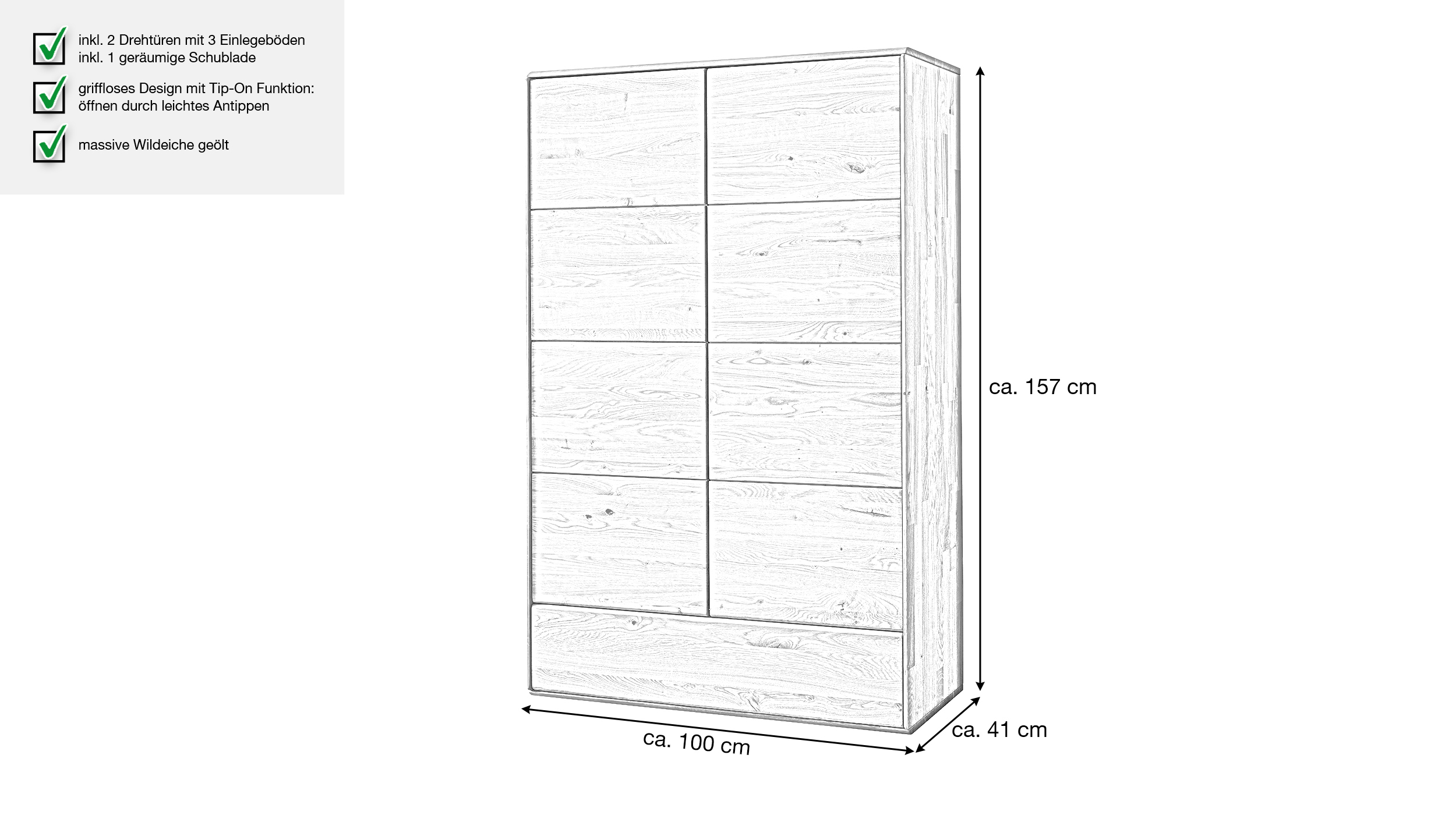 Highboard mit Schublade Wildeiche massiv geölt 100 cm - SKOV
