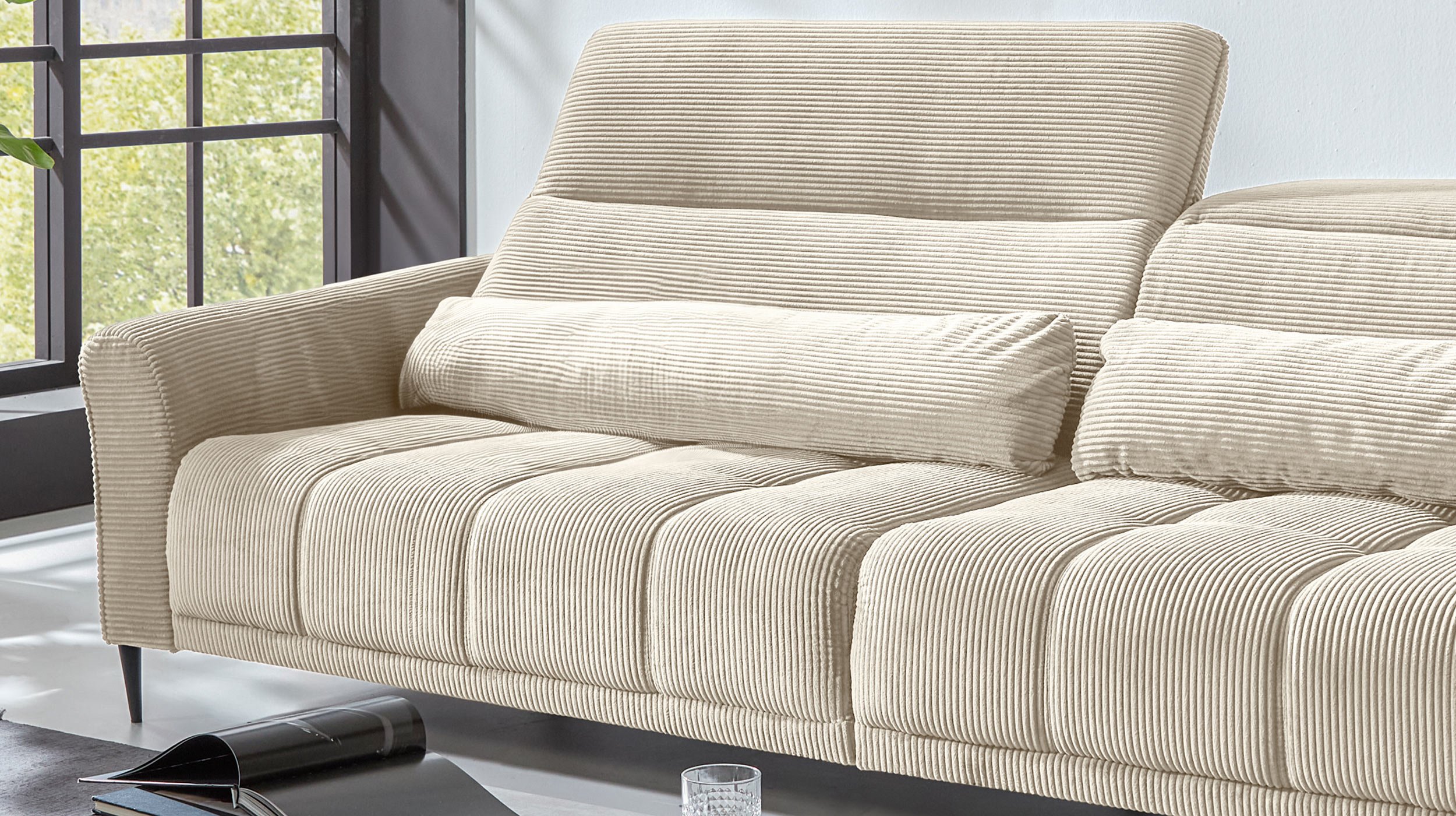 Big Sofa Cord beige ausziehbar - Sitztiefenverstellung - 280 cm - LOGAN