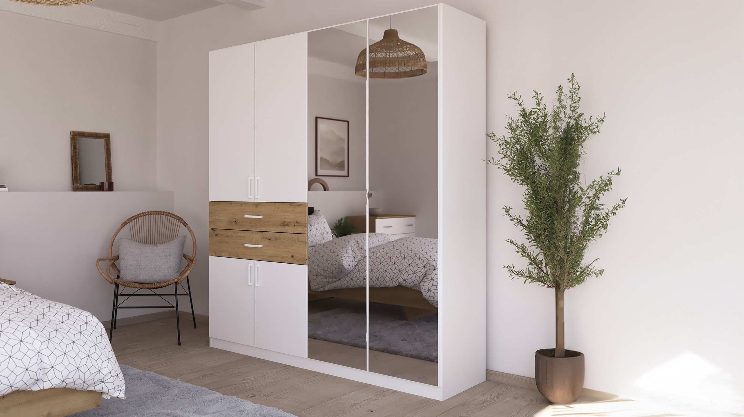 Kleiderschrank mit Spiegel - weiß - Artisan Eiche - 181 cm - MAIKA