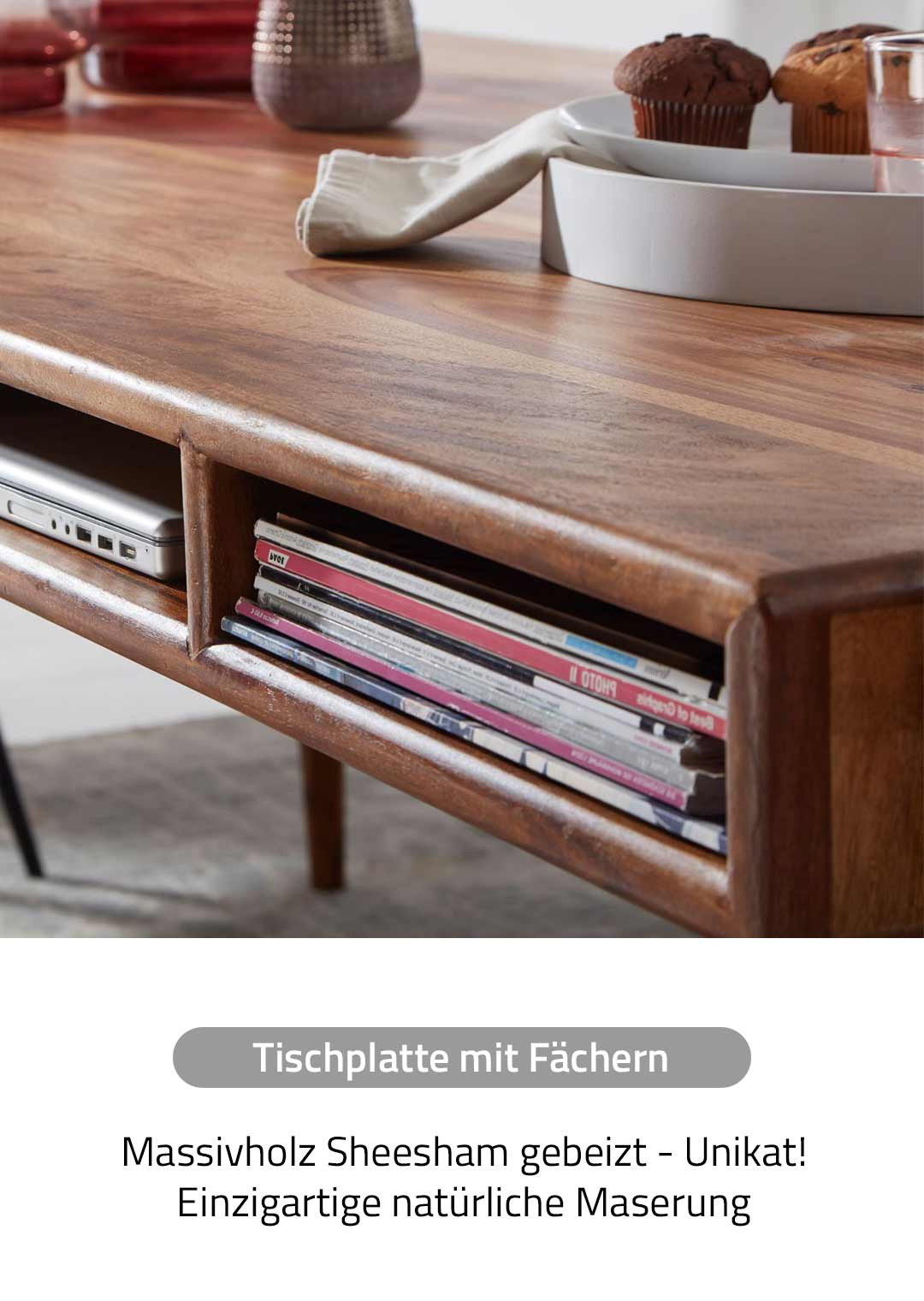 Esstisch massives Sheesham-Holz gebeizt Ablagefläche 200 cm - RYKKE