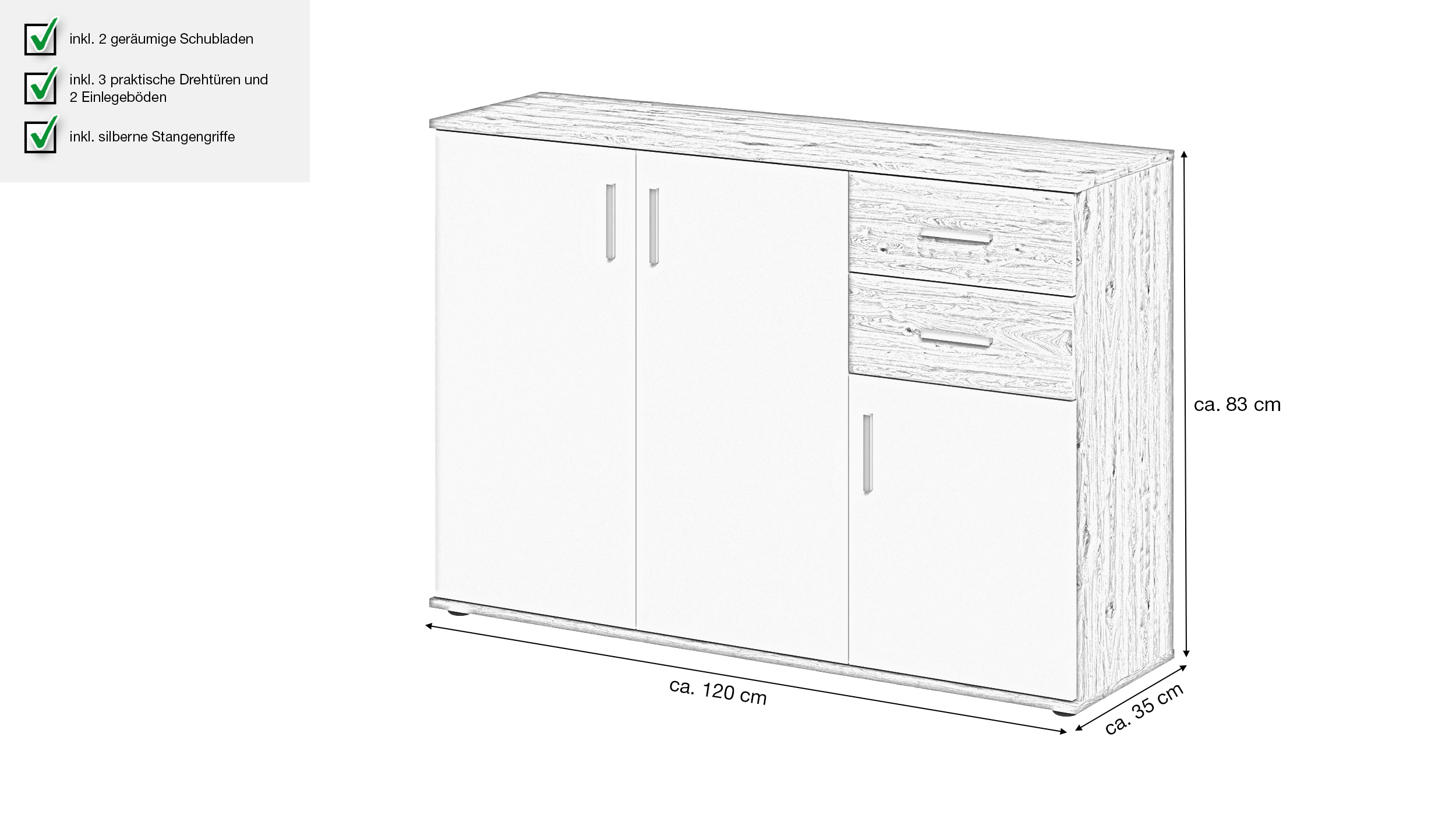 Kommode mit Schubladen weiß Artisan Eiche 120 cm - ALBATA