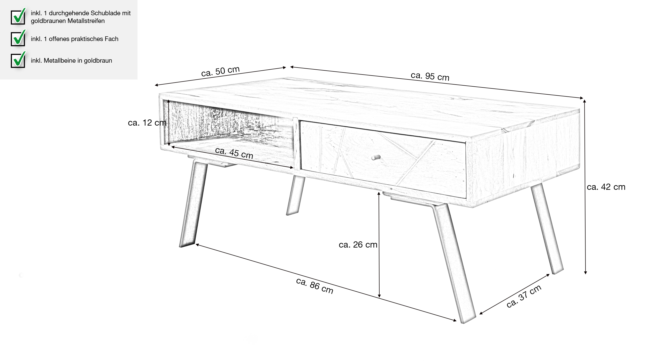 Couchtisch mit Schublade Mango massiv lackiert 95 x 50 cm - SILDAR