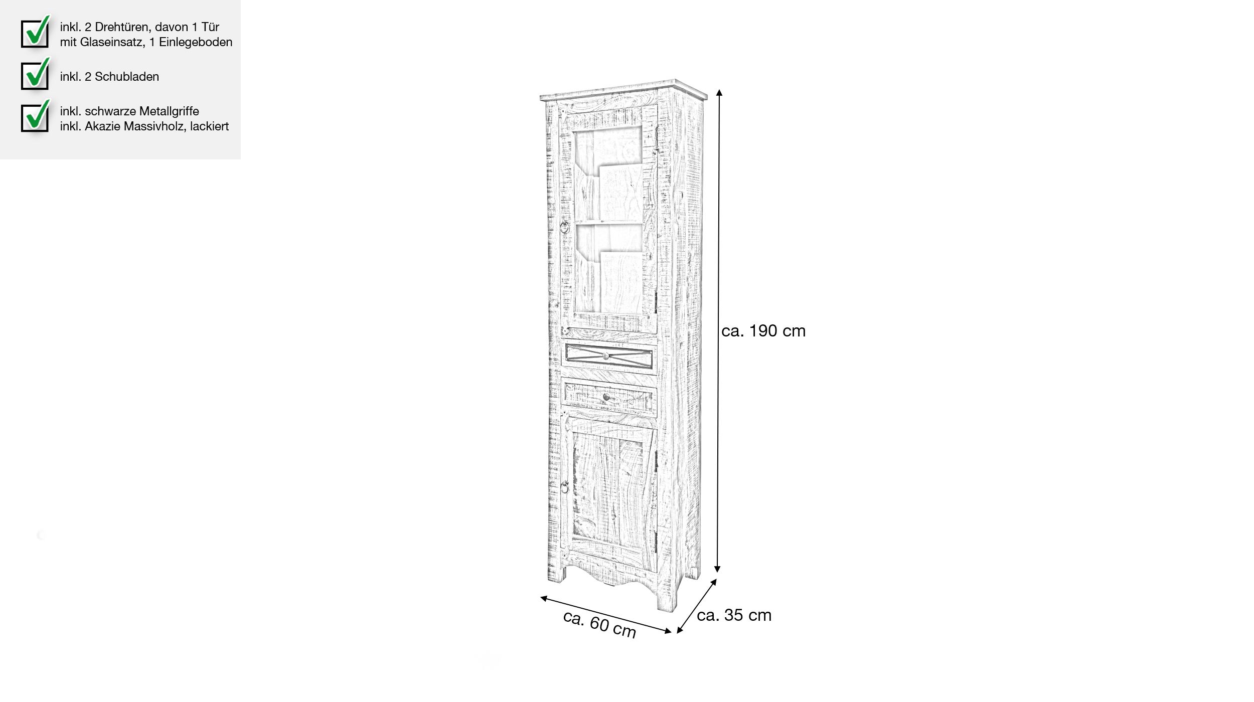 Vitrine mit Glastür Akazie massiv lackiert montiert 60 cm - ACANO
