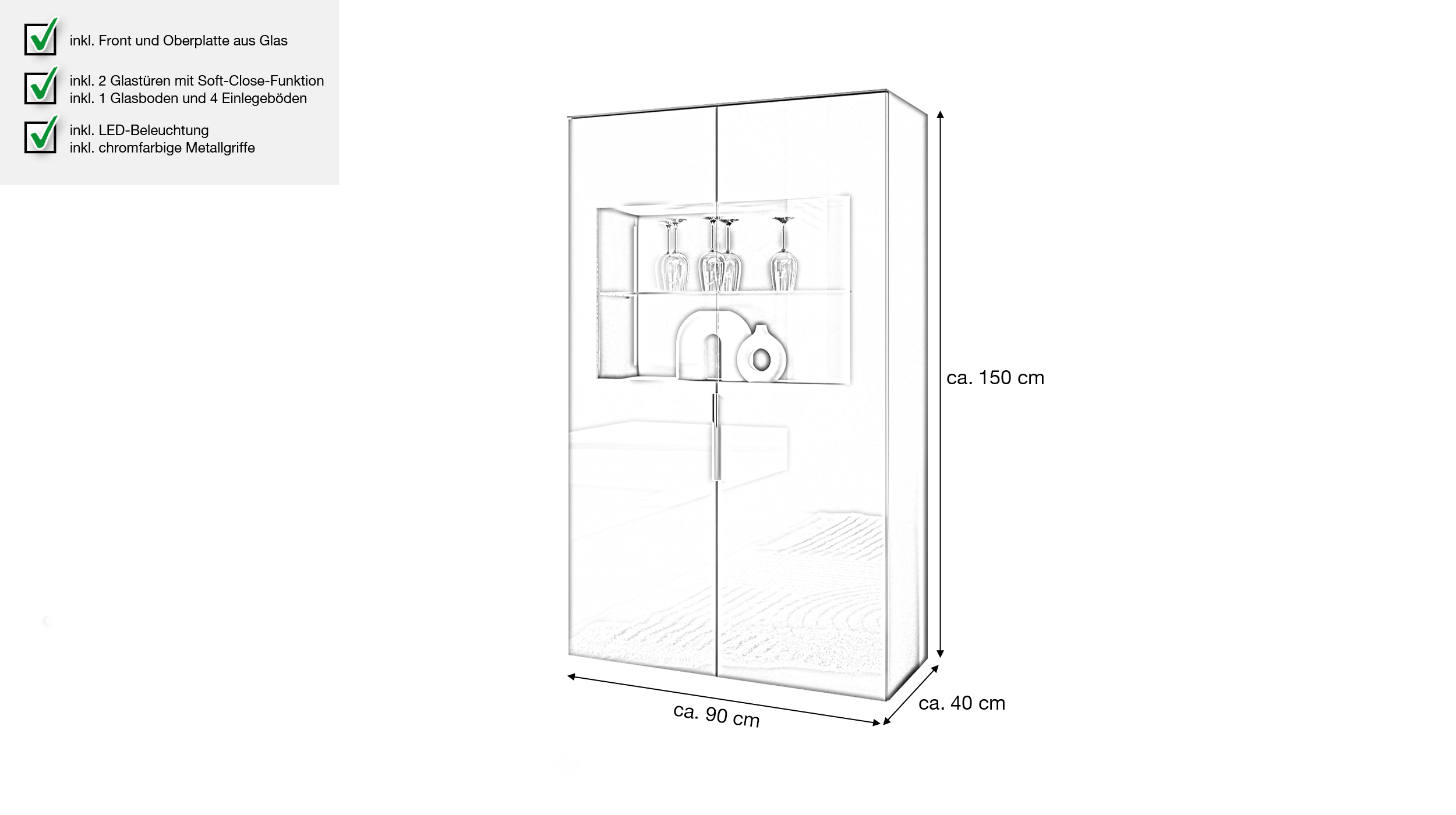 Vitrine mit Beleuchtung anthrazit - Glasfront - Breite 90 cm - SANTORIN