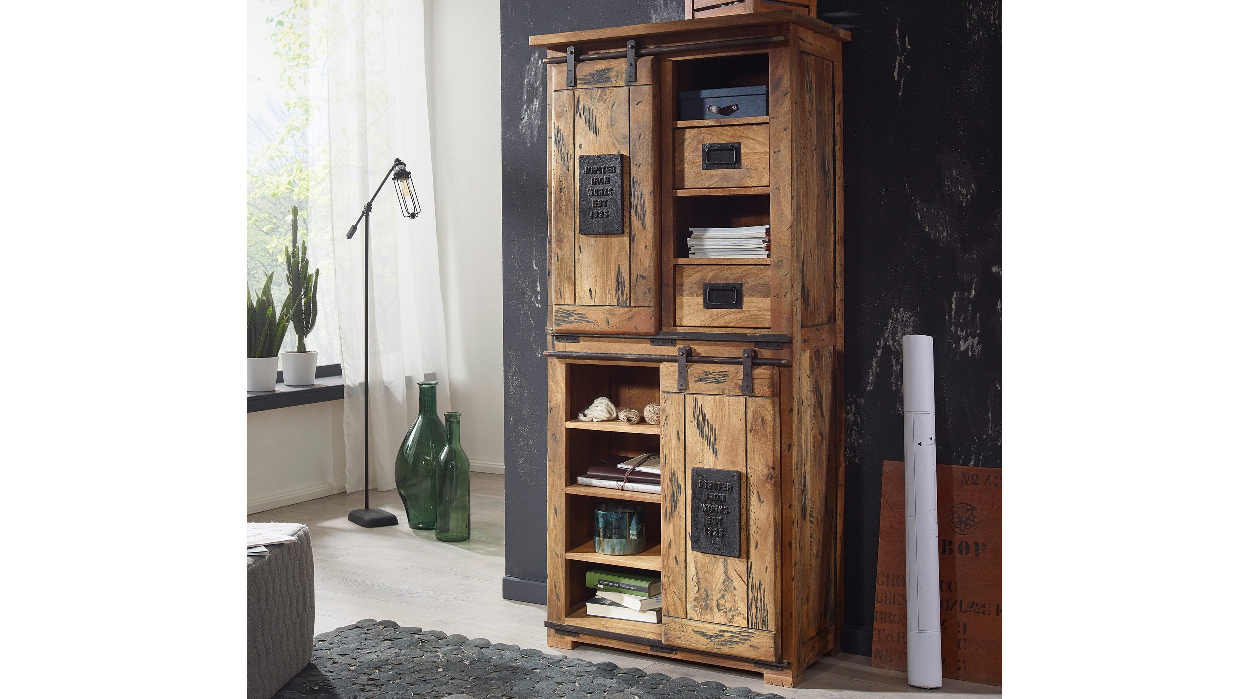Highboard mit 2 Rolltüren Mango massiv 80 cm - EMANUEL
