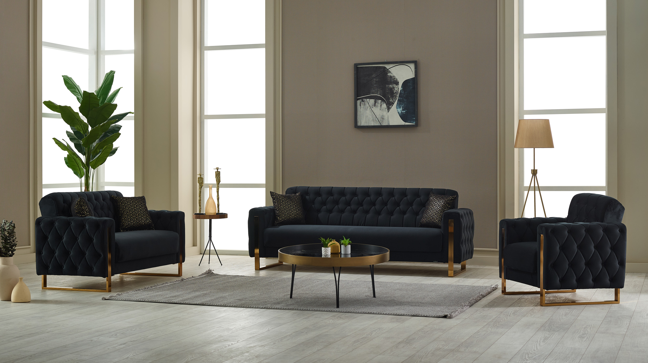 Einzelsofa mit Bettkasten 3-Sitzer schwarz - gold 235 cm - CRYSTAL