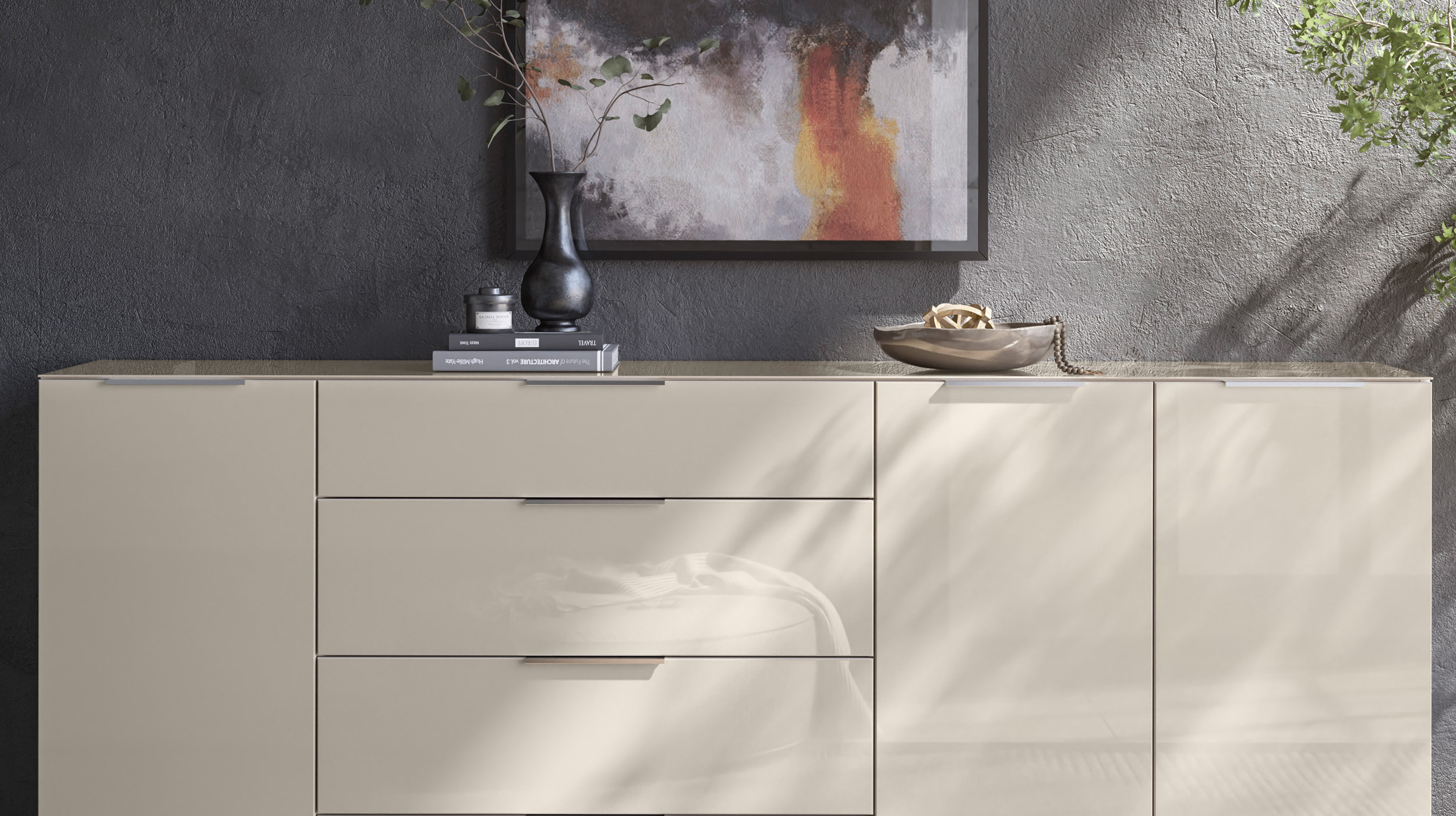 Sideboard 4 Schubladen - beige - Glasfront - 226 cm - SANTORIN