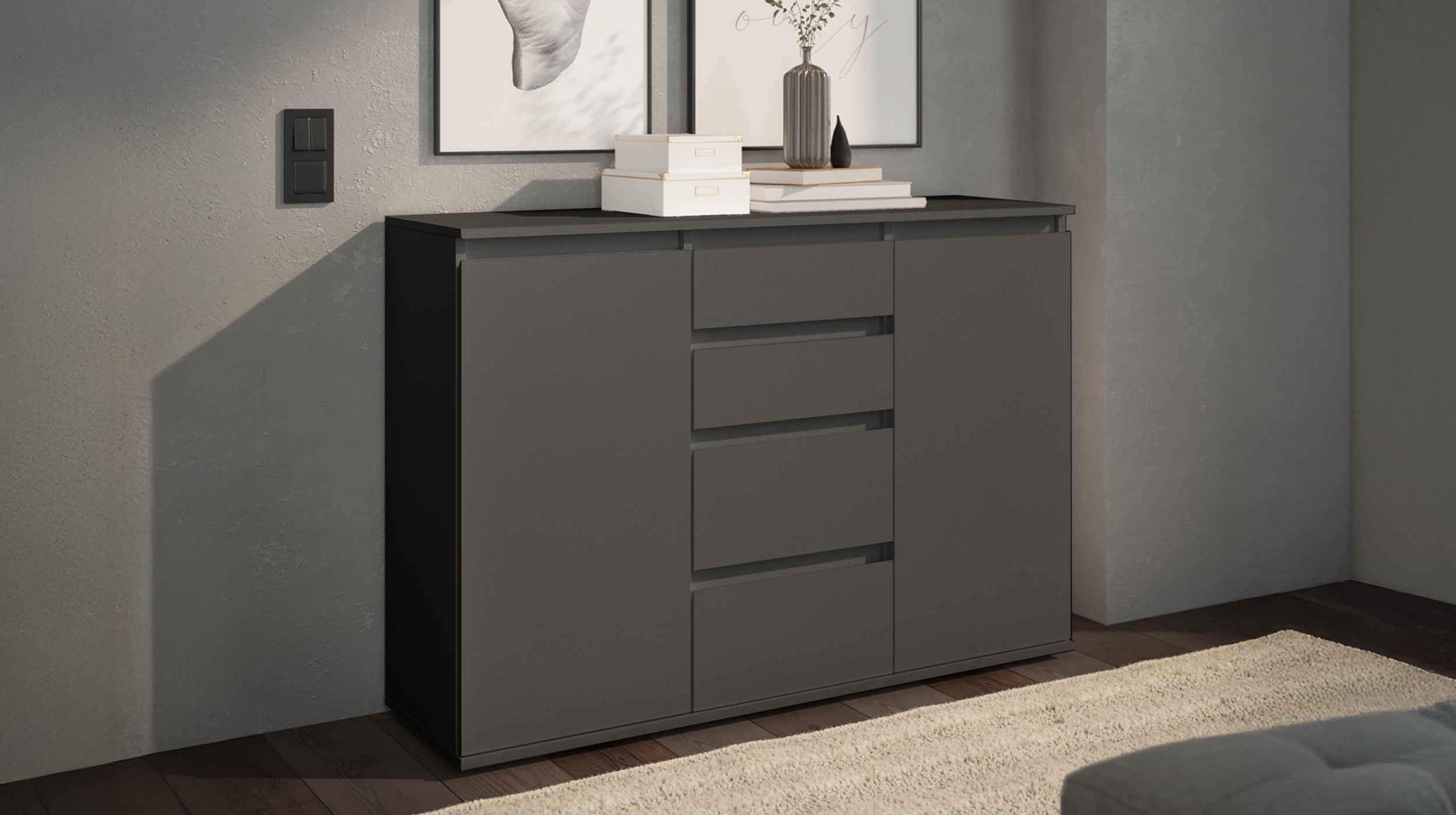 Kommode mit 4 Schubladen anthrazit 119 x 35 cm - 2-türig - BRESTA
