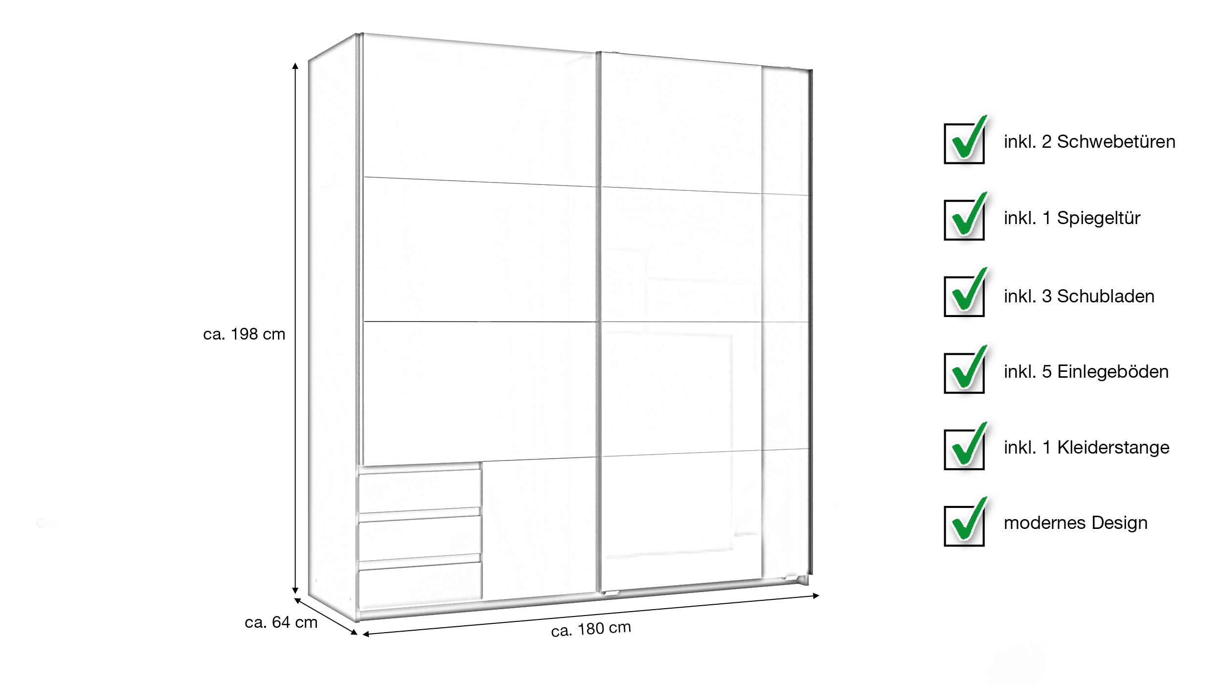 Schwebetürenschrank mit Spiegel grau - graphit 180 cm - EMDEN