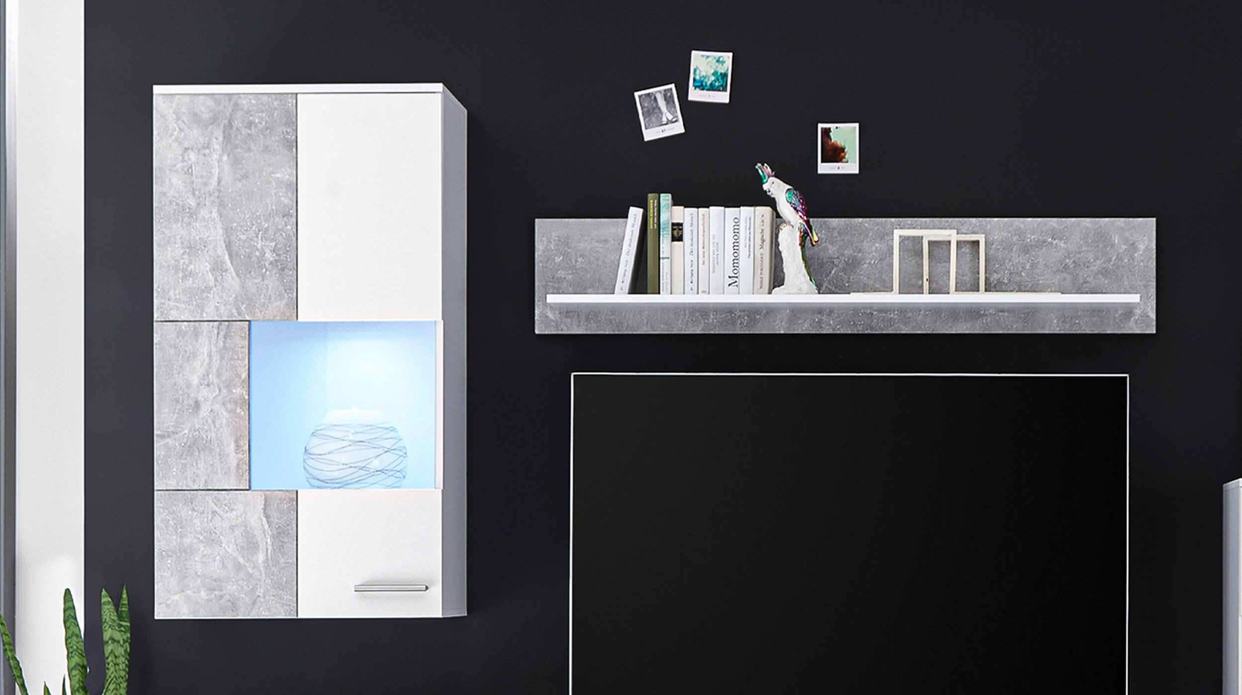 Wohnwand weiß - Betonoptik 290 cm mit LED-Beleuchtung - VULCAN