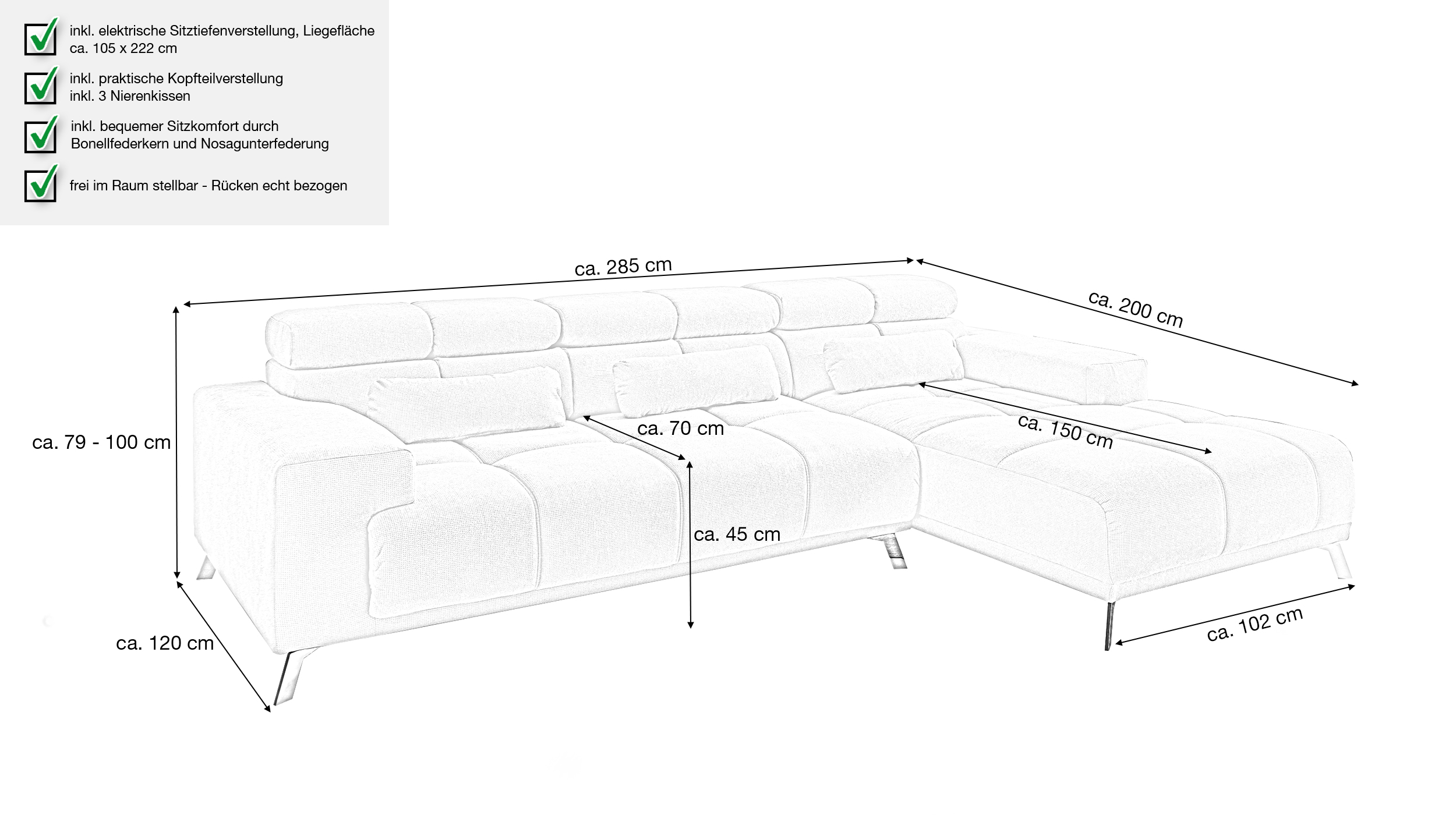 Ecksofa grün ausziehbar - Sitztiefenverstellung 285 cm - OT rechts - SPEED