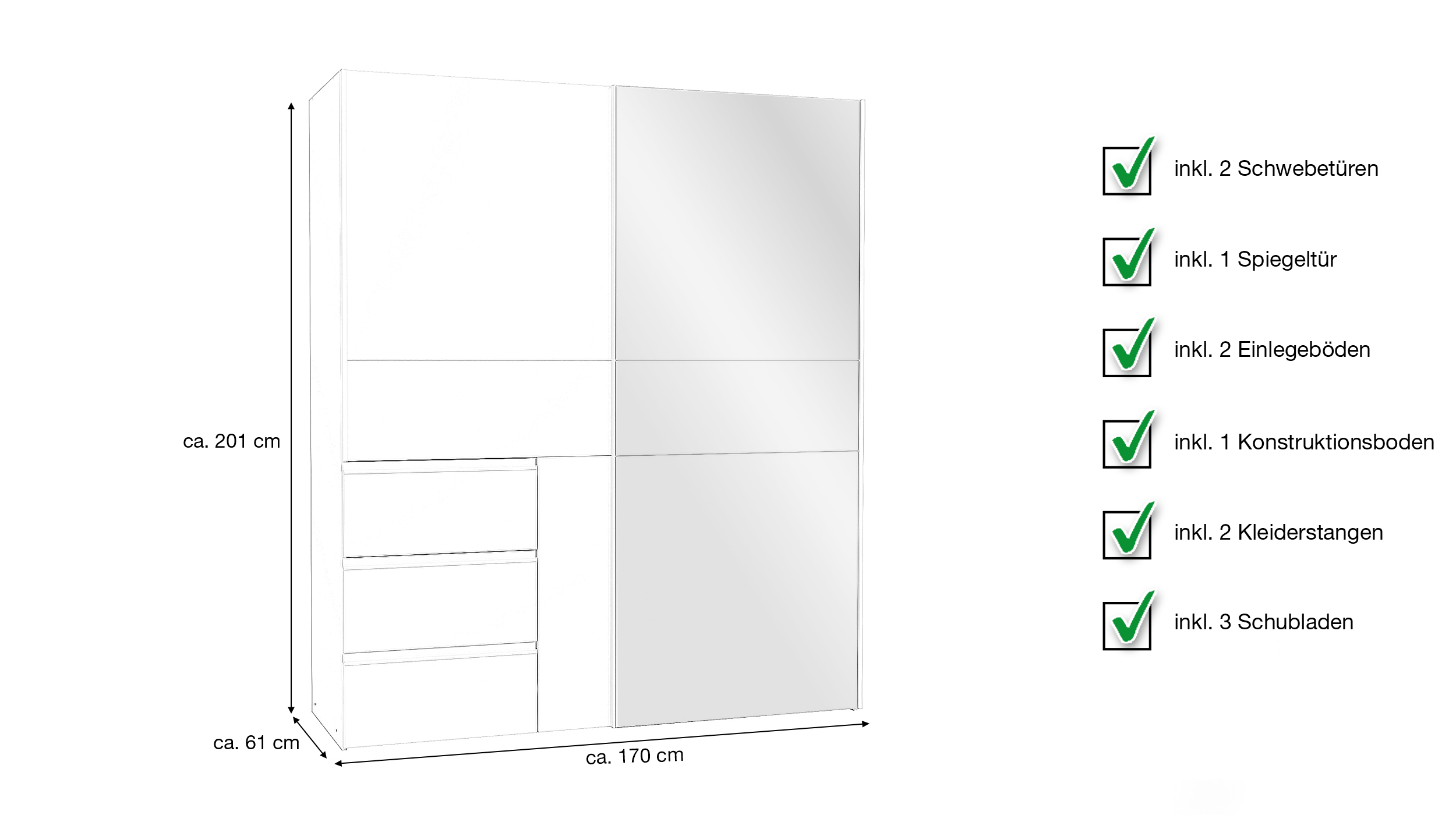 Schwebetürenschrank weiß mit Spiegel 170 cm 2-türig - WINN