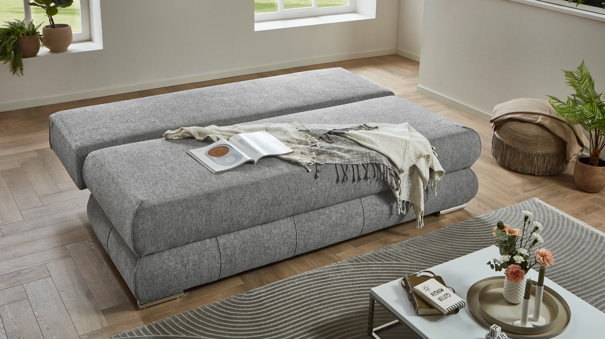 Schlafsofa grau Bettkasten ausziehbar Federkern 199 cm - BORNA