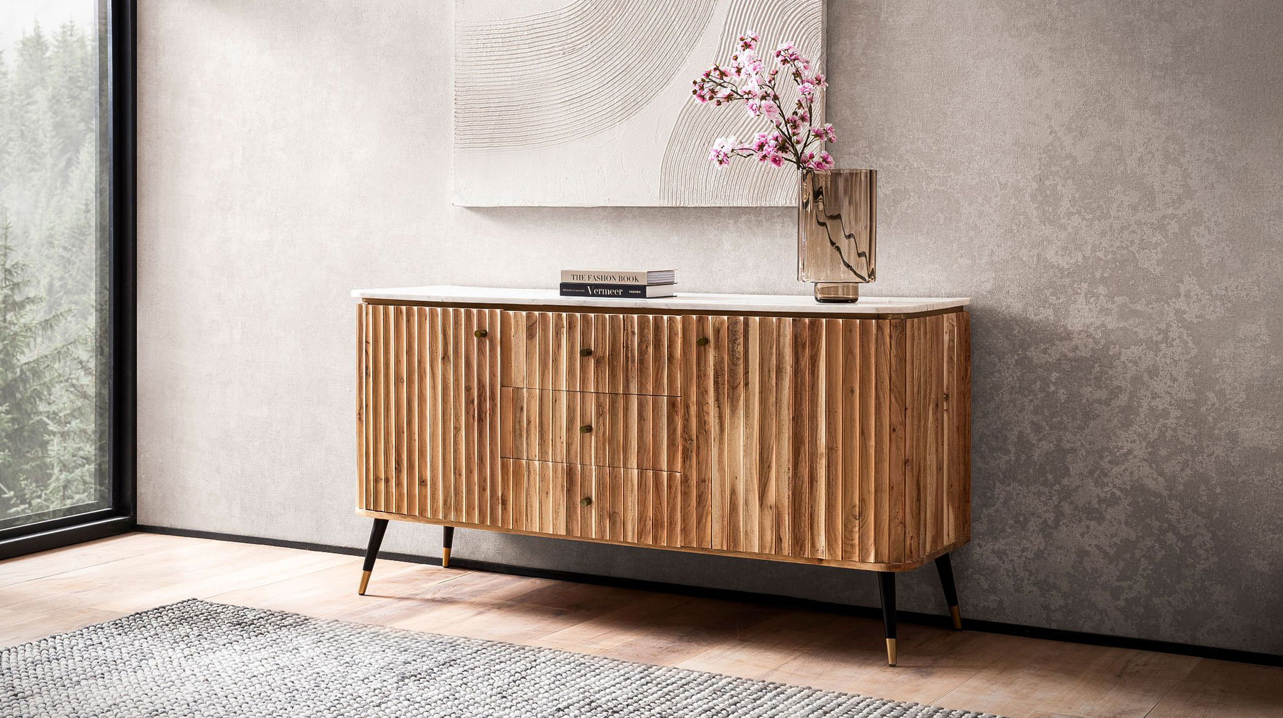 Sideboard mit 3 Schubladen Akazie massiv - Marmor 150 cm - HEDRA