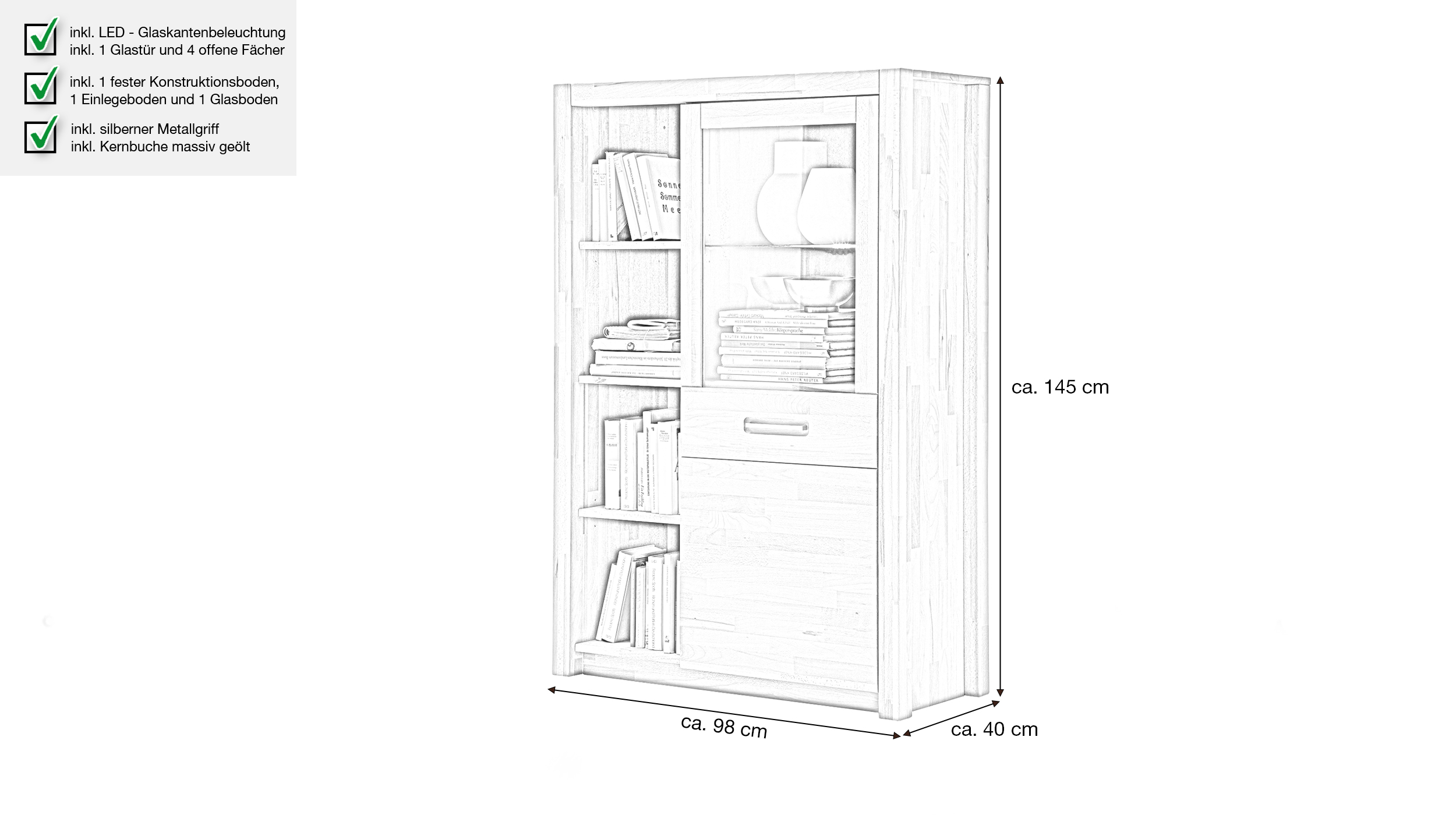 Highboard mit 1 Glastür Kernbuche massiv geölt 98 cm - FENJA