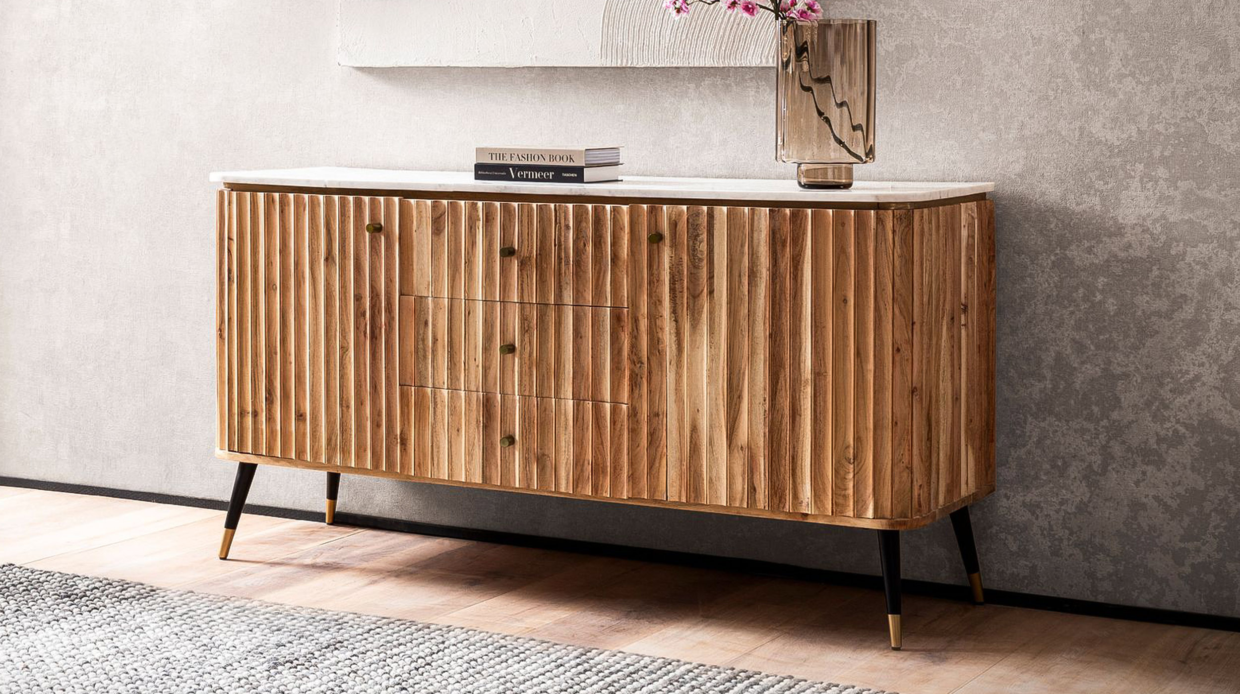 Sideboard mit 3 Schubladen Akazie massiv - Marmor 150 cm - HEDRA