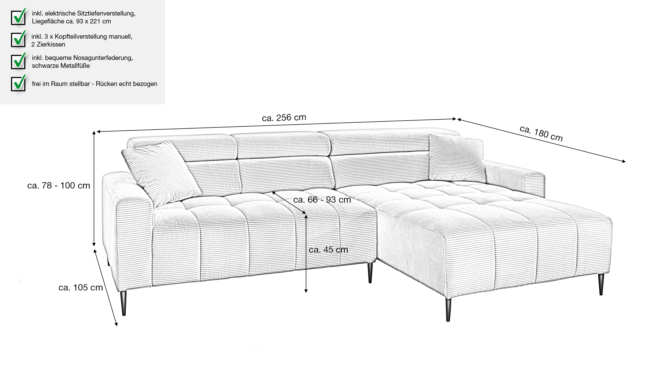 Ecksofa Cord grau ausziehbar - Sitztiefenverstellung 256 cm - OT rechts - SIMPLE