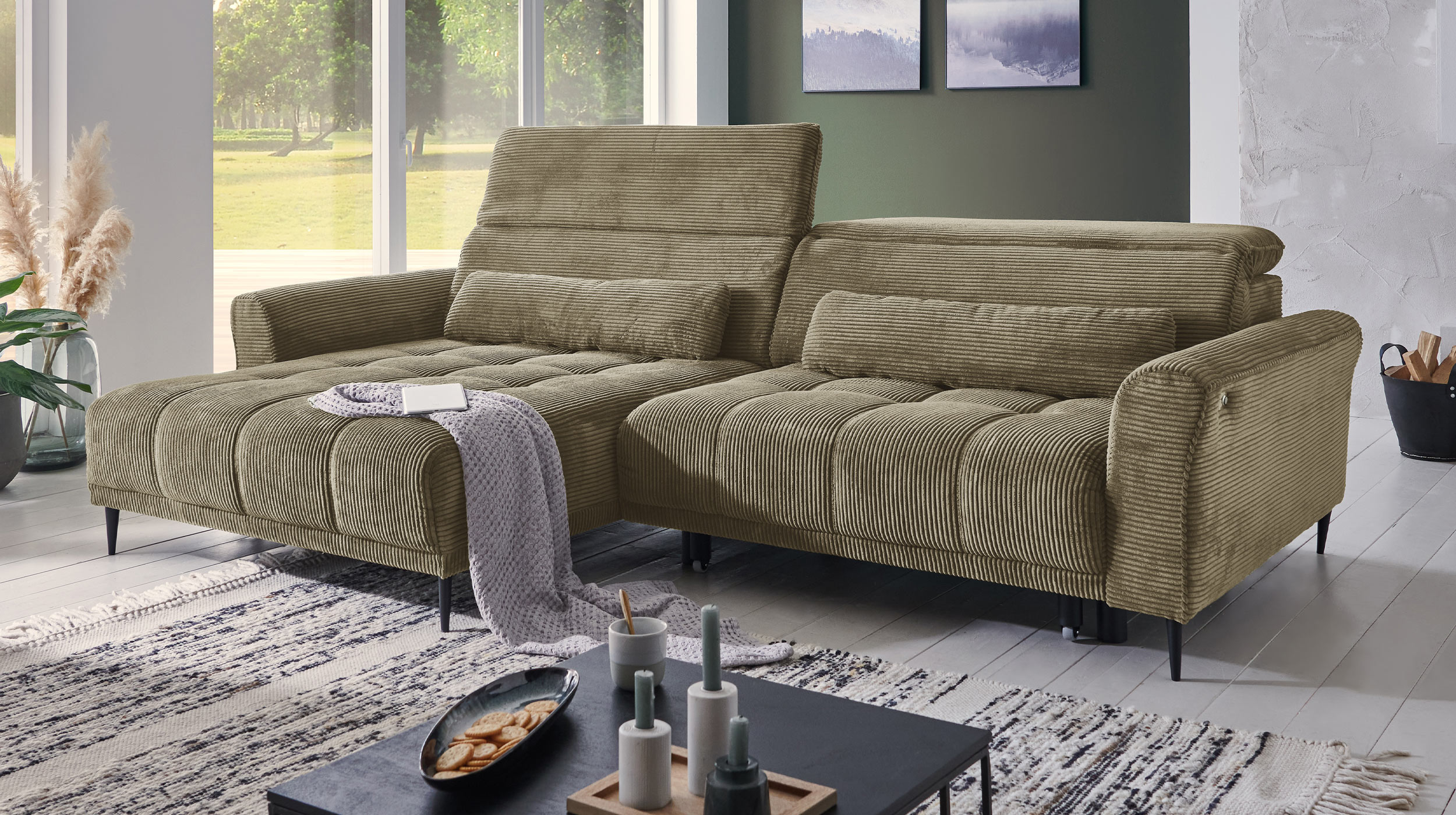 Ecksofa Cord grün ausziehbar - Sitztiefenverstellung - 277 cm - OT links - LOGAN